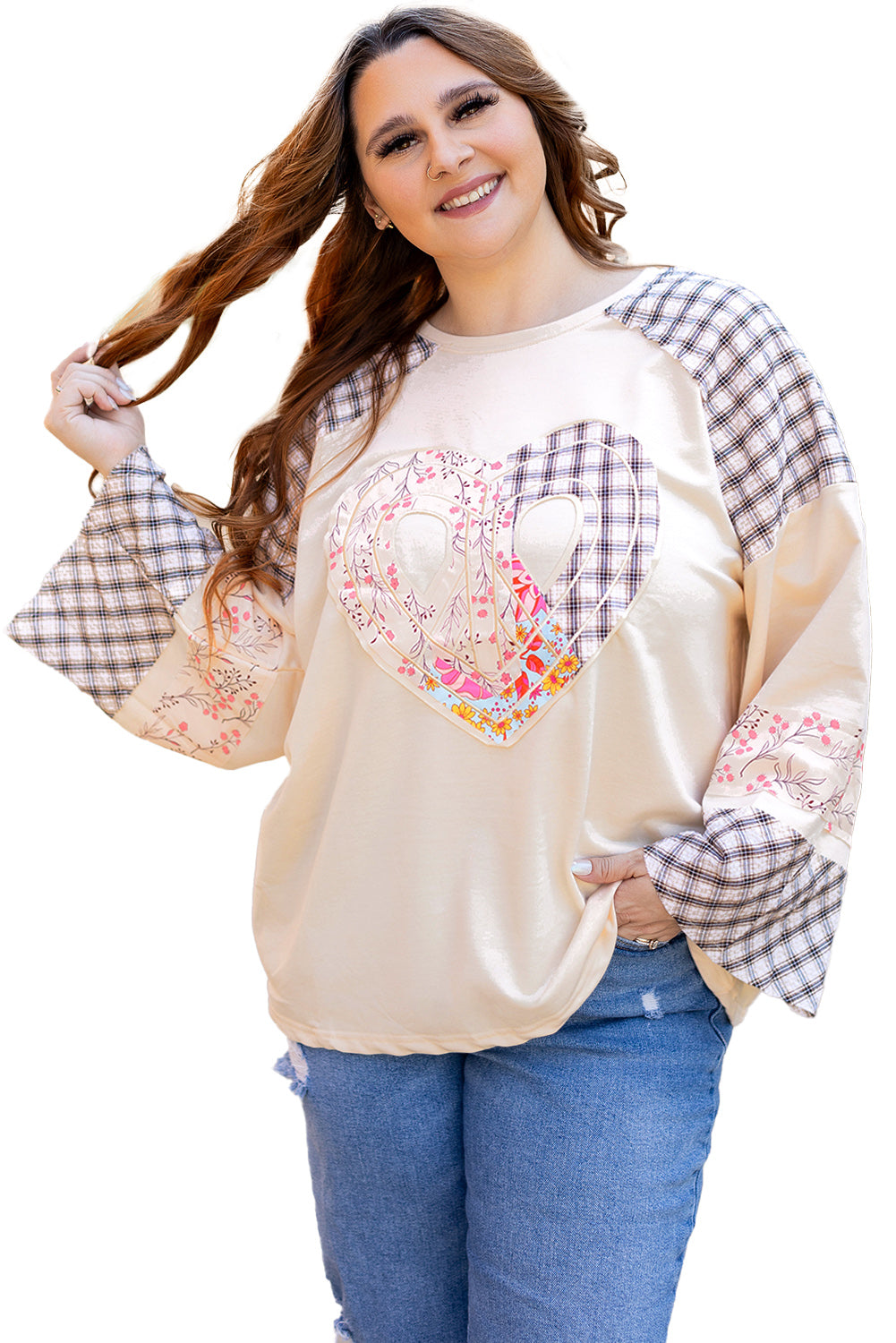 Clearly Aqua Plaid Floral Peace Heart Graphic Wide Long Sleeve Top Beagle Boutique Fashion Outlet