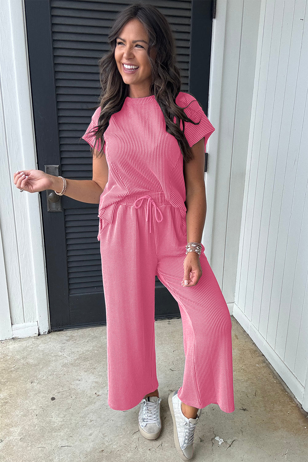 Bright Pink Solid Ribbed Knit Short Sleeve T Shirt and Wide Leg Trousers Set eAura