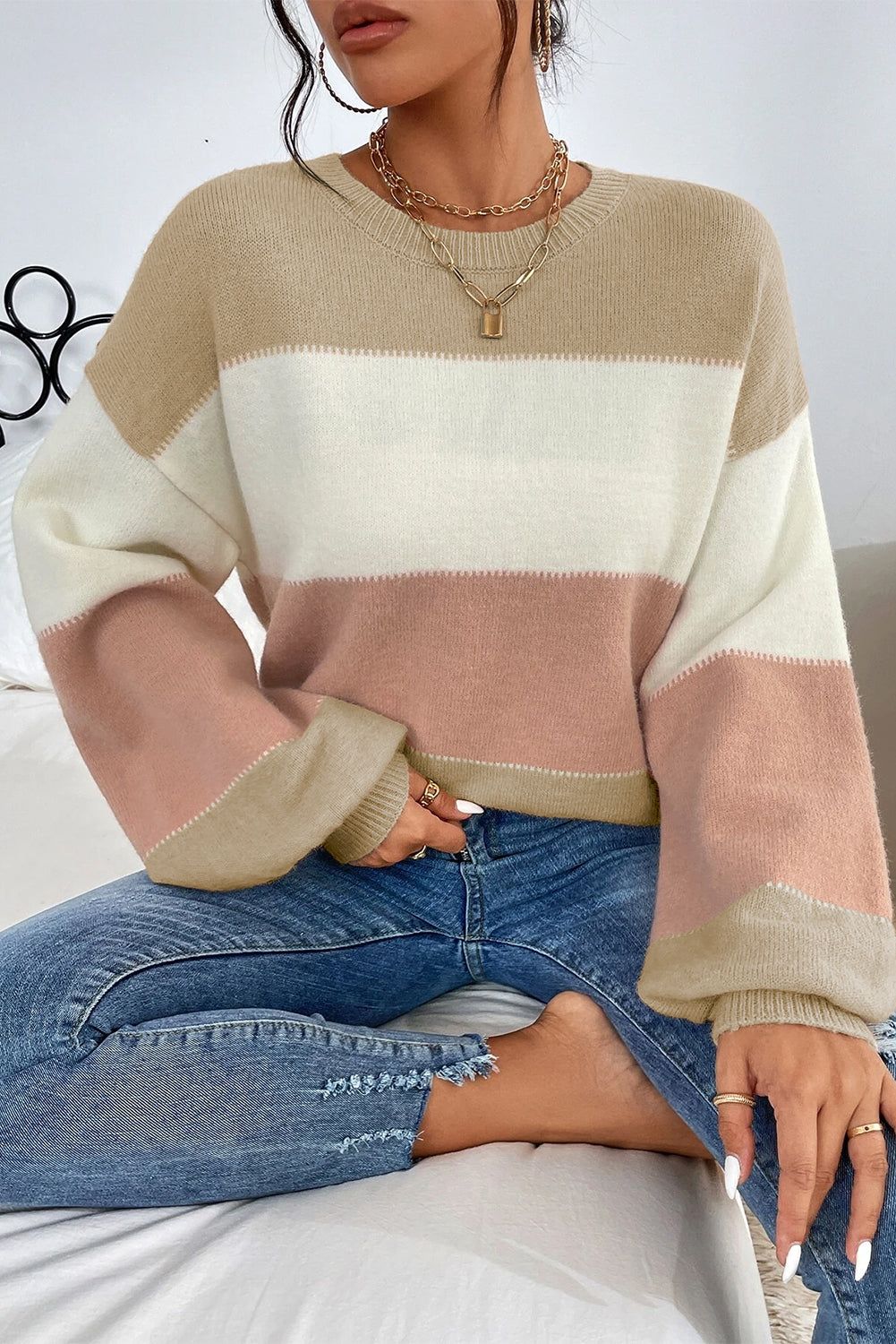 Colour Block Lantern Sleeve Drop Shoulder Sweater - Sweaters & Cardigans/Sweaters
