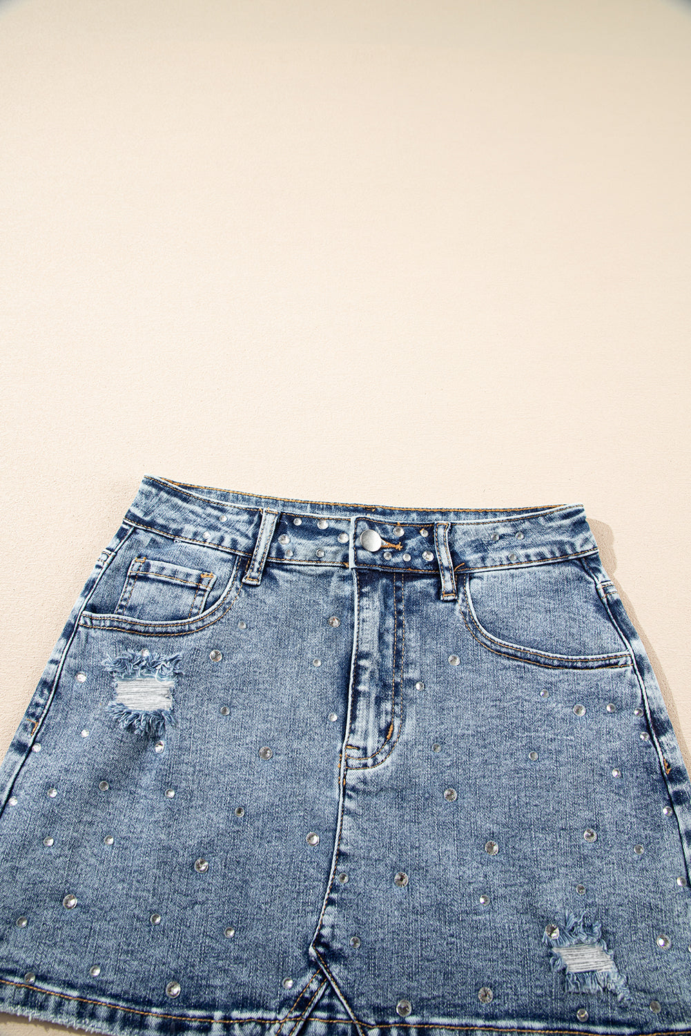 Dusk Blue Rhinestone Distressed Denim High Waist Mini Skirt eAura