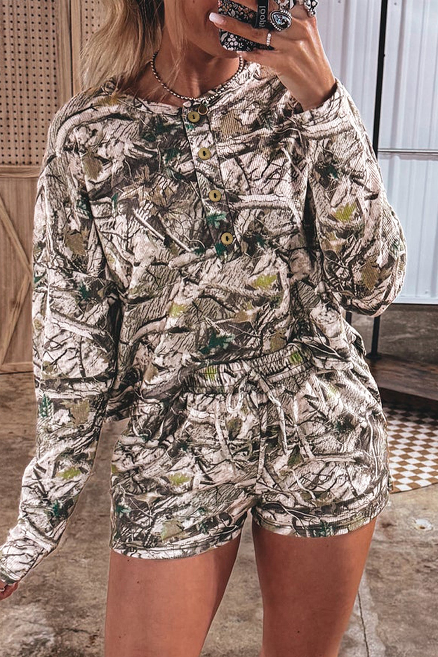 Camo Long Sleeve Top Elastic Waist Shorts Two Piece Set – Brown