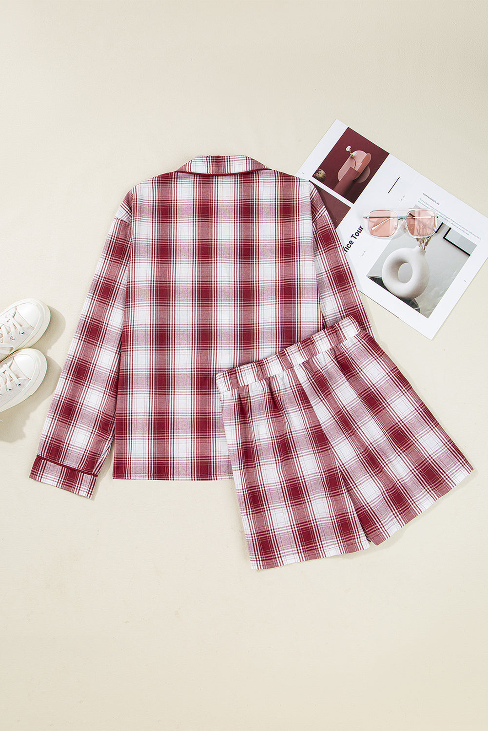 Red Retro Plaid Long Sleeve Shirt Drawstring Shorts Pyjama Set - eAura