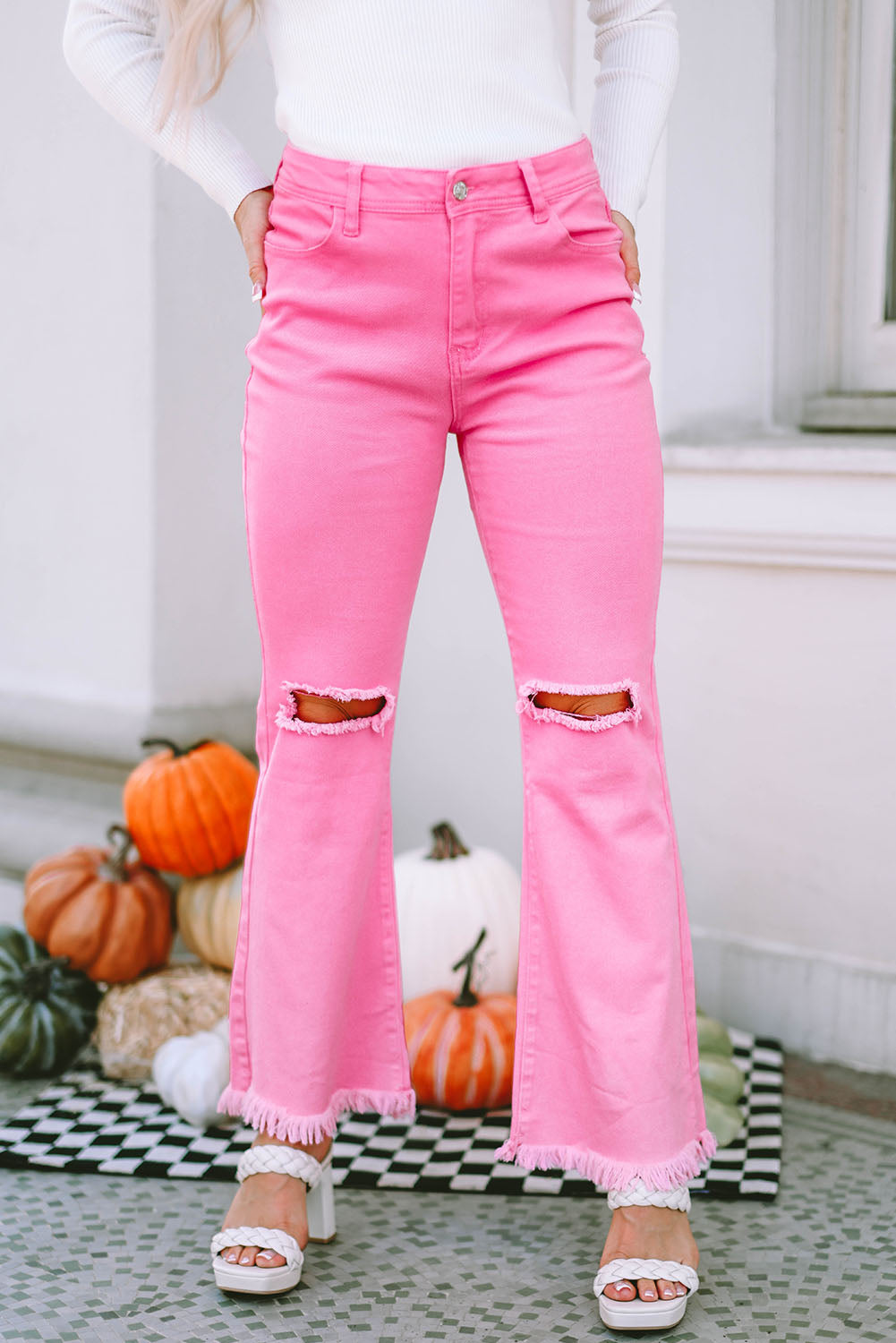 Pink Vintage High Waist Flare Leg Ripped Raw Hem Jeans Beagle Boutique Fashion Outlet