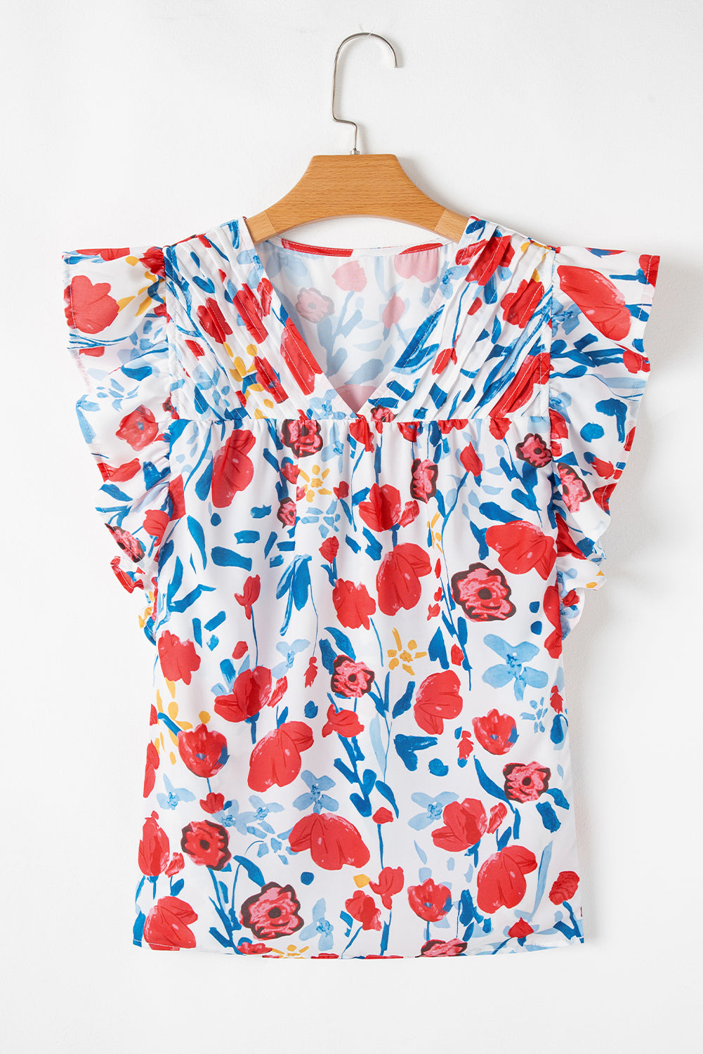 Red Flowers Pintuck Detail V-Neck Ruffled Sleeve Top eAura