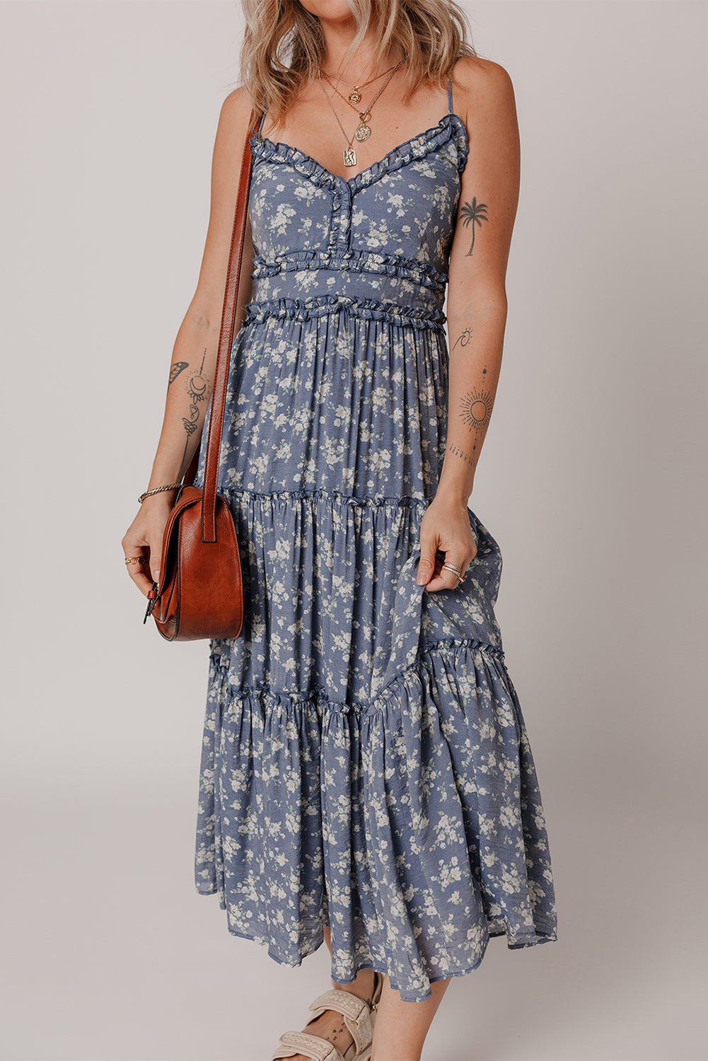 Blue Floral Spaghetti Strap Frilled V Neck Tiered Midi Dress eAura