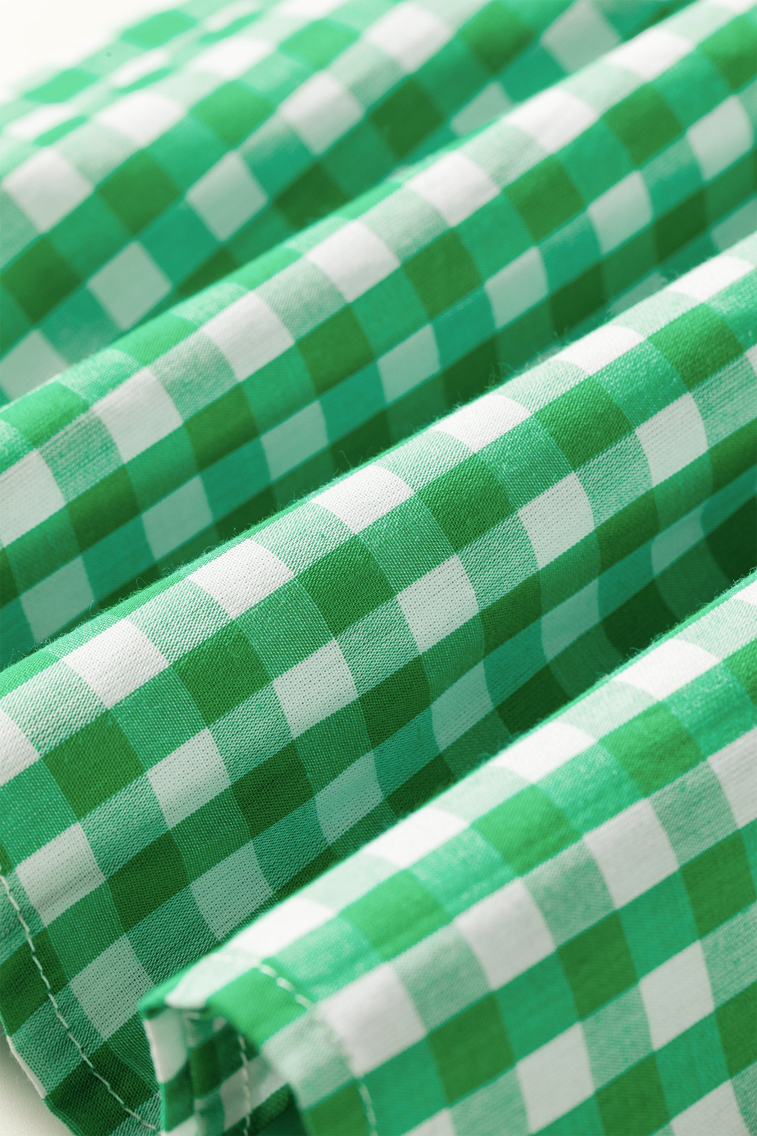 Gingham Plaid Bubble Sleeve Colorblock Trim V Neck Blouse – Green