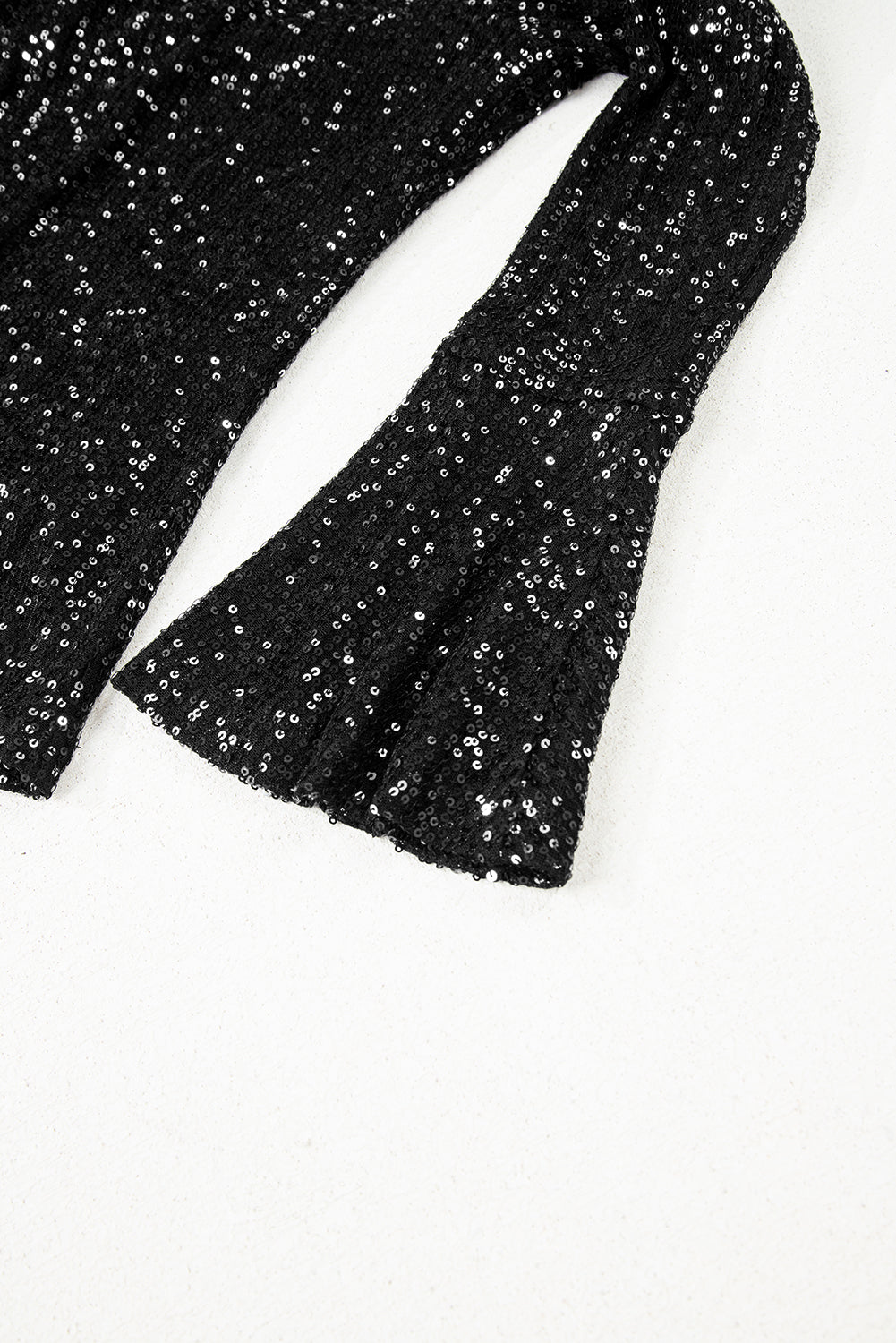 Black Sequin Mock Neck Drape Open Back Bell Sleeve Top eAura