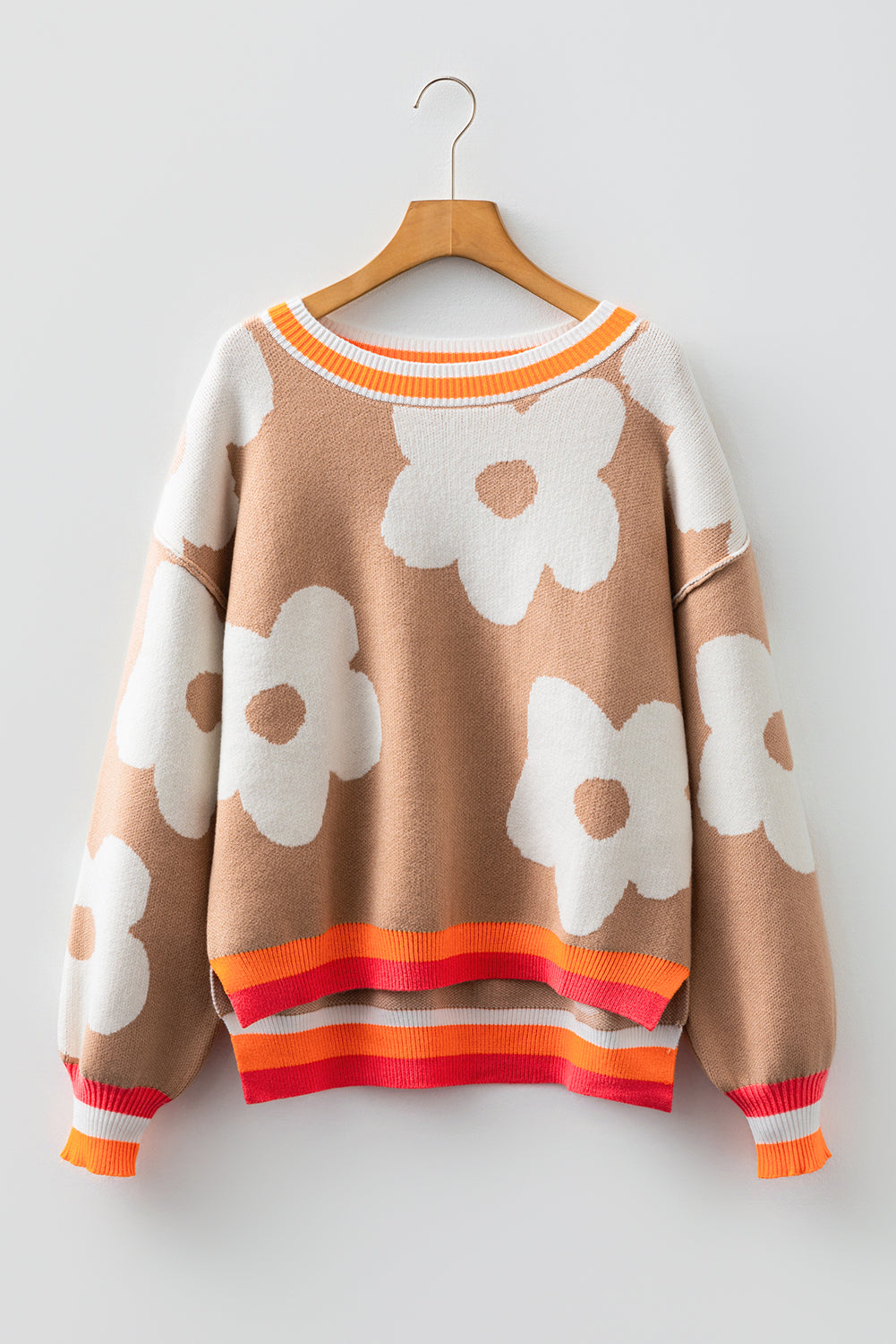 Big Flower Pattern Contrast Striped Baggy Sweater - eAura