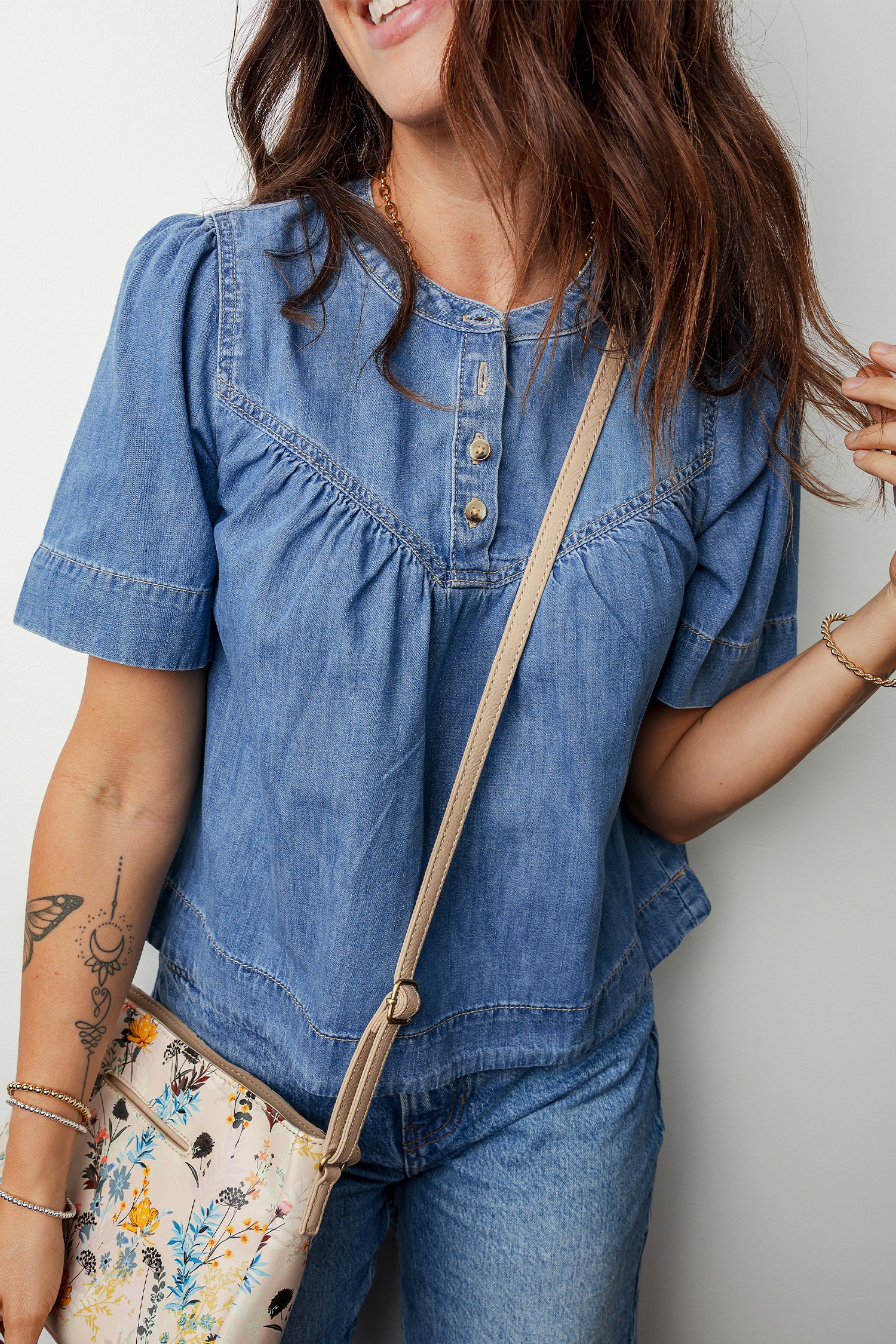 Seam Pleated Detail Half Button Short Sleeve Denim Blouse - Tops/Blouses & Shirts