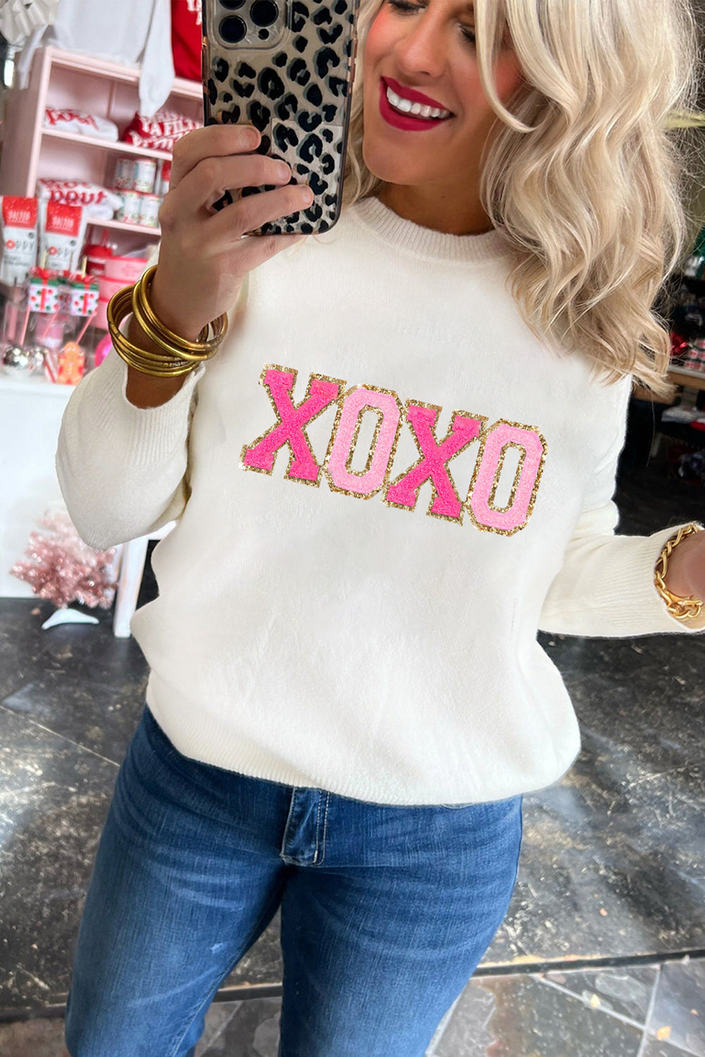 White XOXO Glitter Print Round Neck Casual Sweater eAura