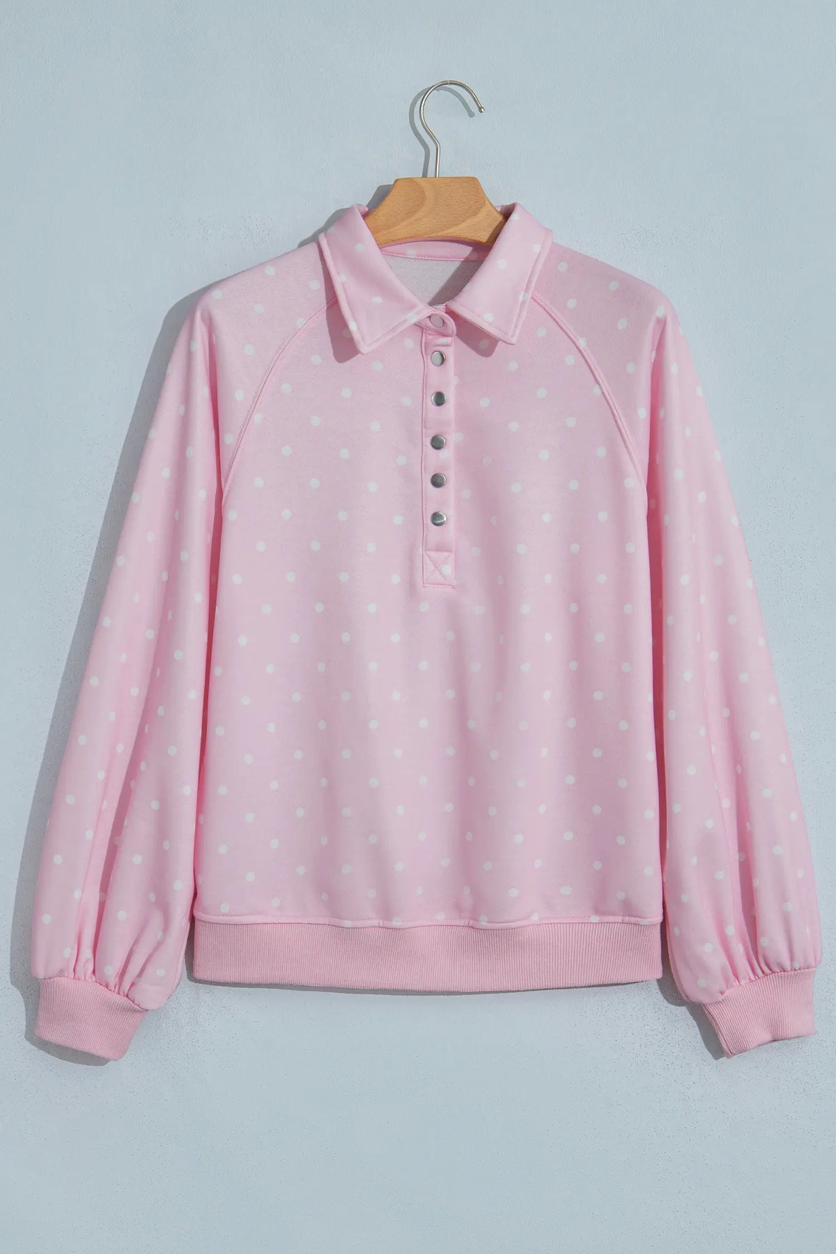 Polka Dot Print Metal Button Collar Casual Pullover Sweatshirt – Pink