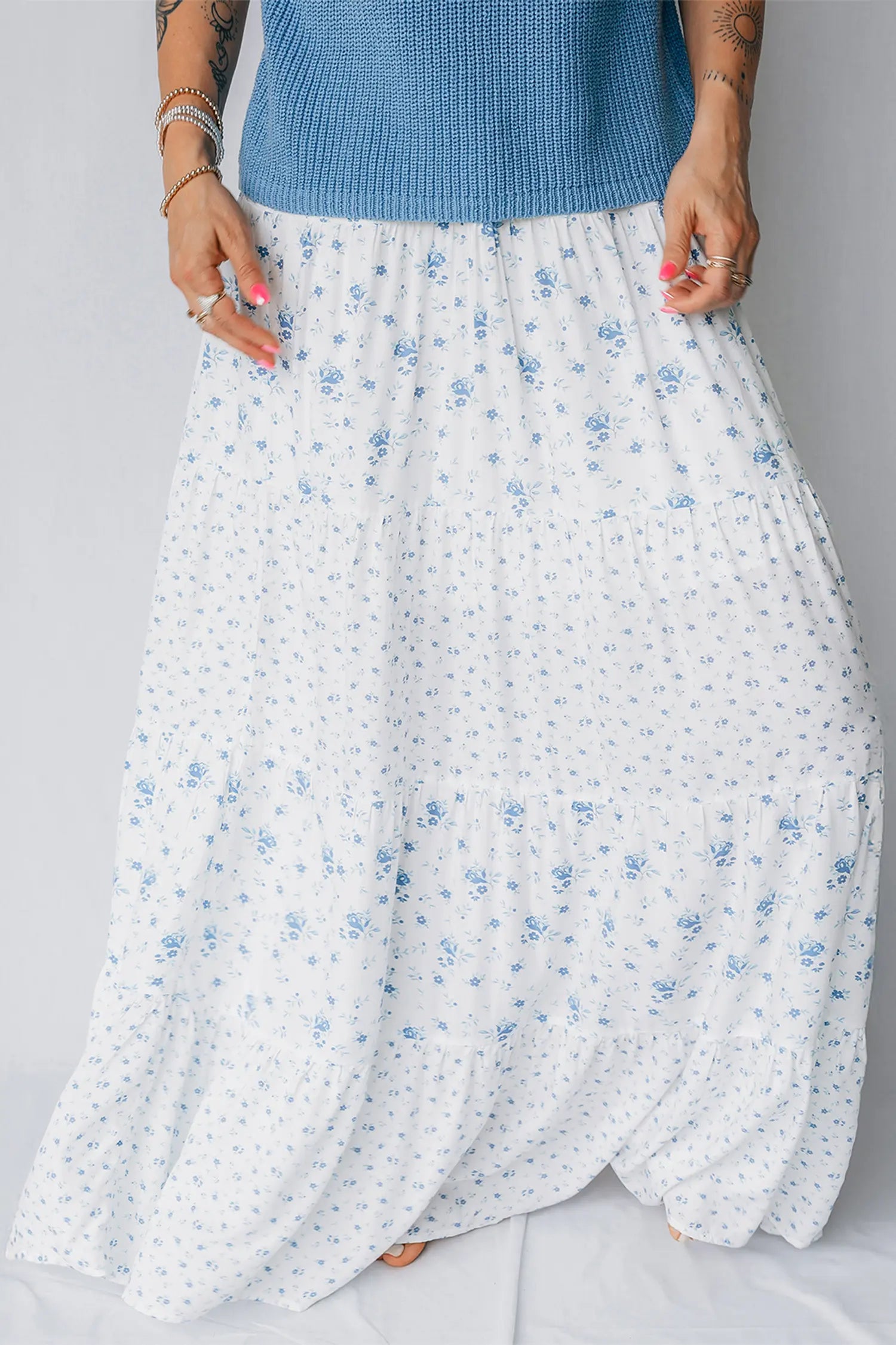 High Waist Tiny Floral Print Boho Maxi Skirt – Sky Blue