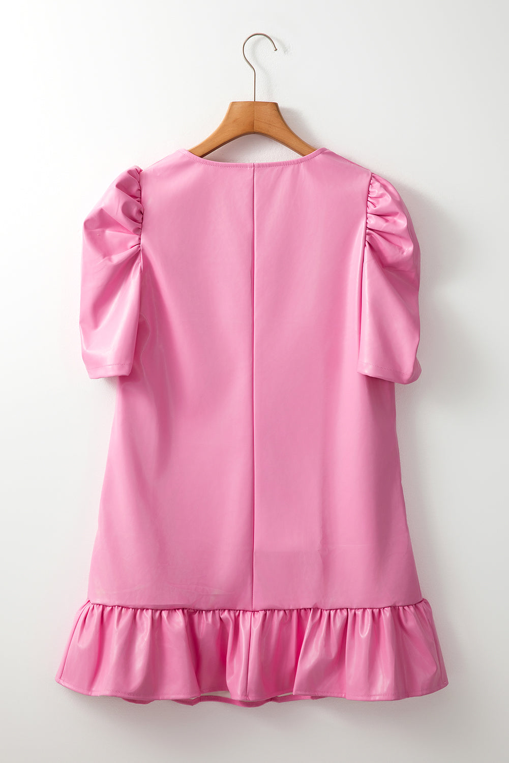 Sachet Pink Pleather Bubble Short Sleeve V Neck Ruffled Hem Mini Dress eAura