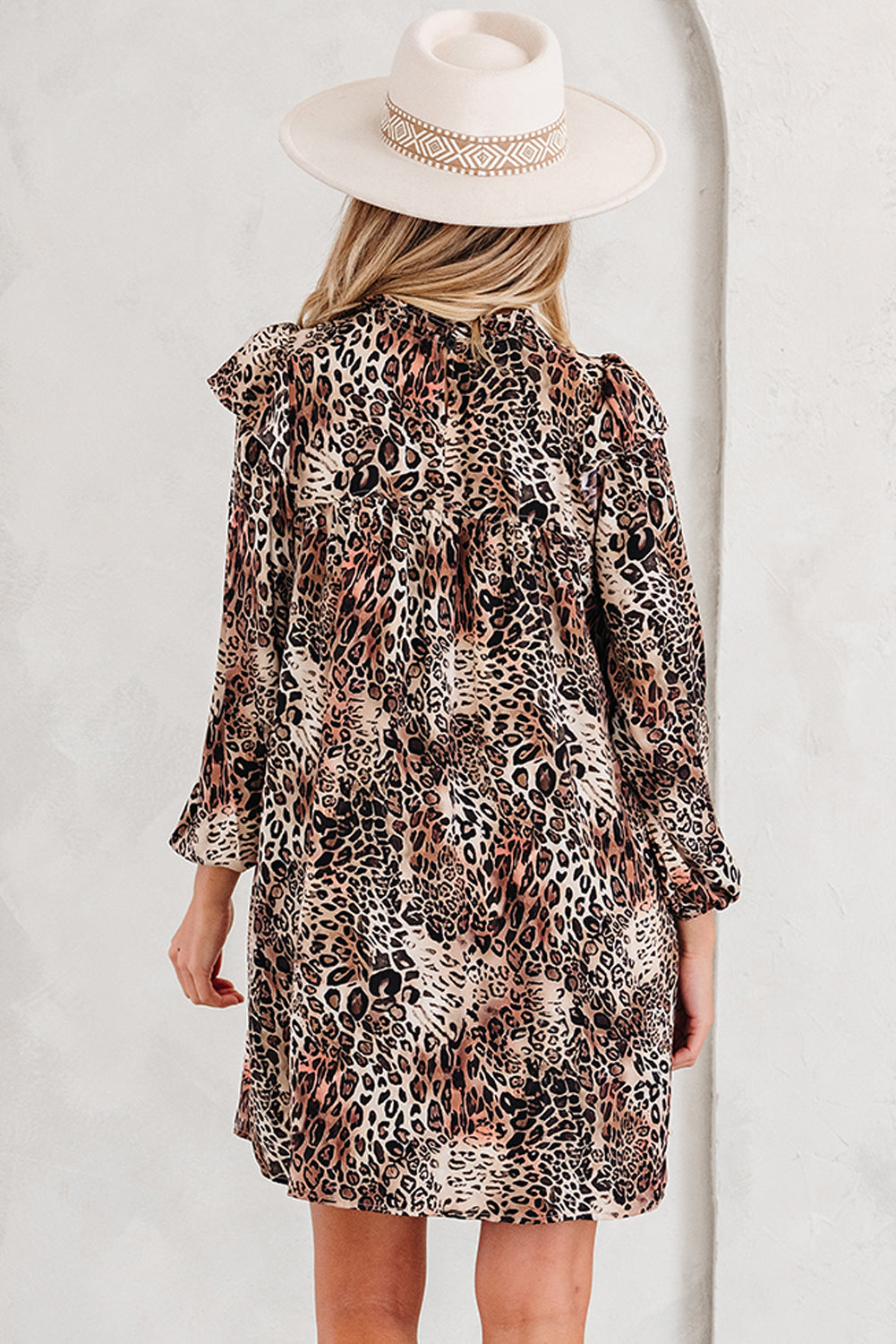 Leopard Ruffled Detail Long Sleeve Loose Mini Dress - eAura