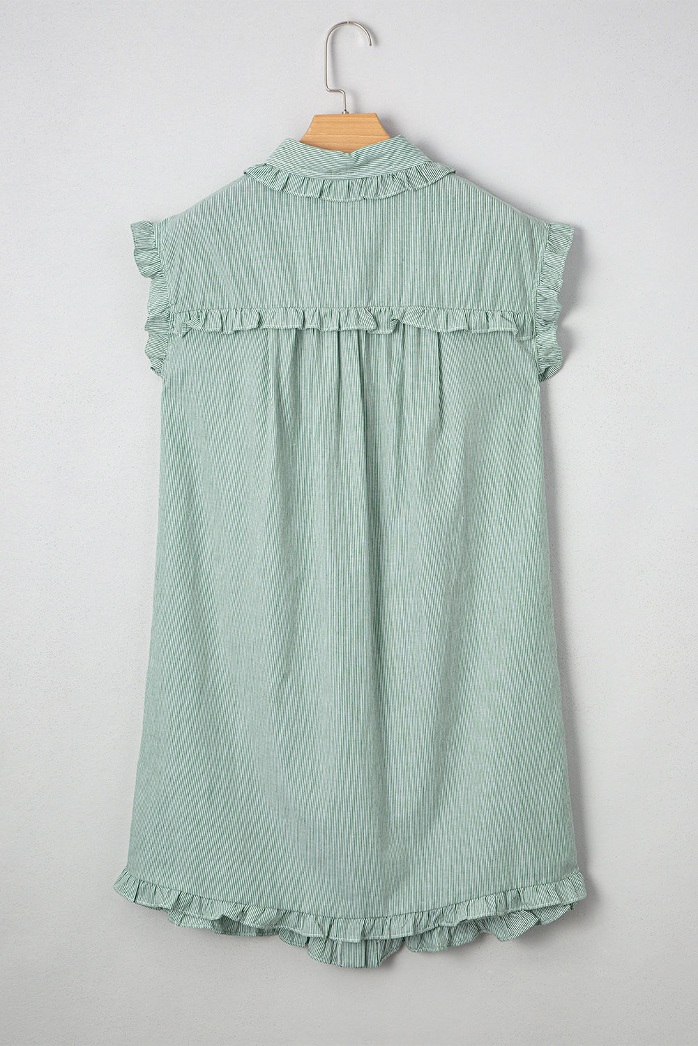 Green Stripe Frilled Sleeveless Collar Front Pocket Button Up Mini Dress eAura