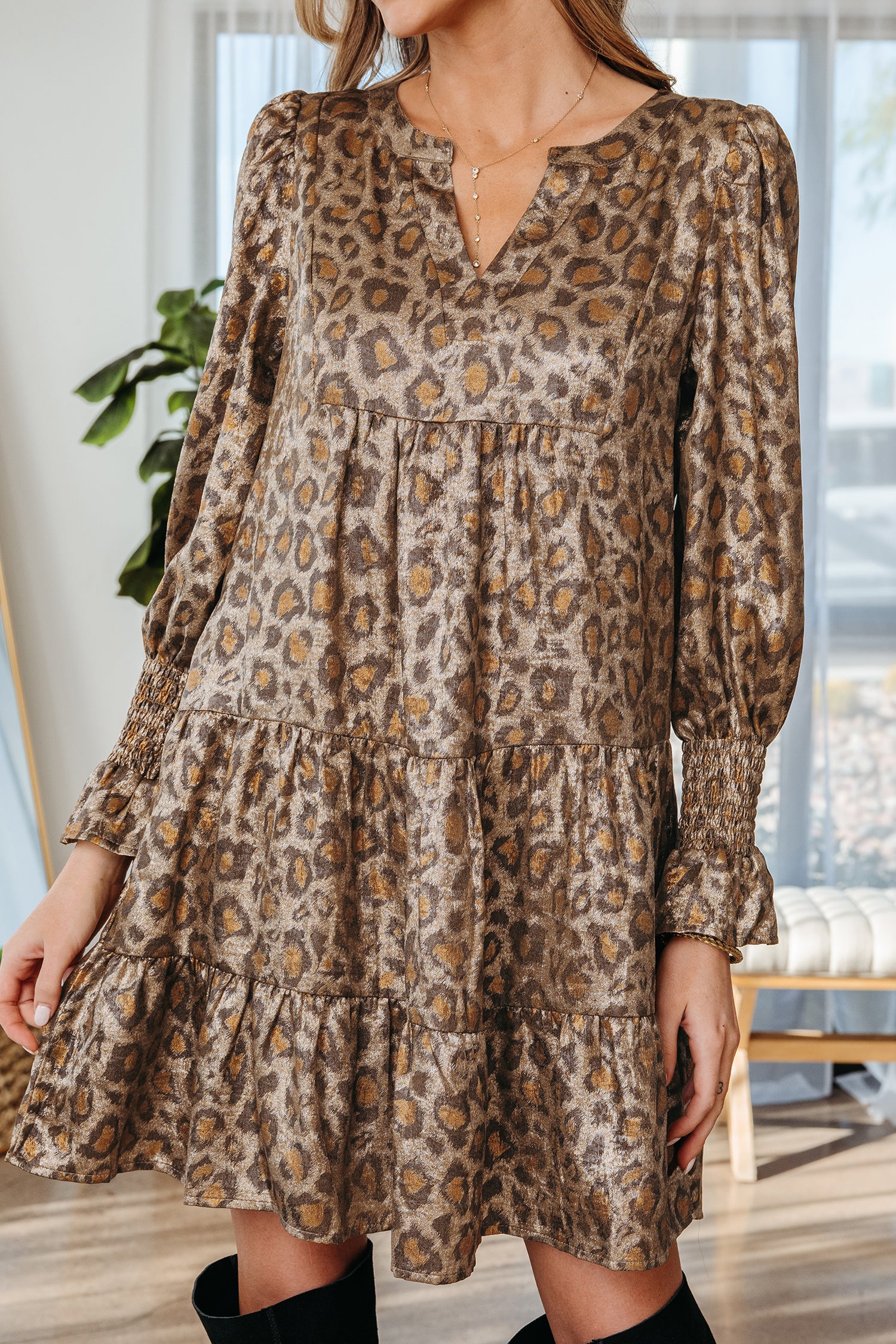 Leopard Print V-Neck Ruffled Sleeve Tiered Loose Mini Dress