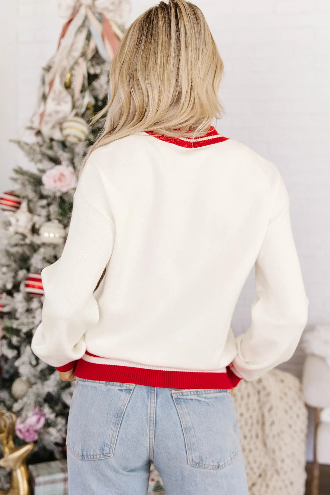 Christmas Plaid Tree Applique Round Neck Loose Sweater