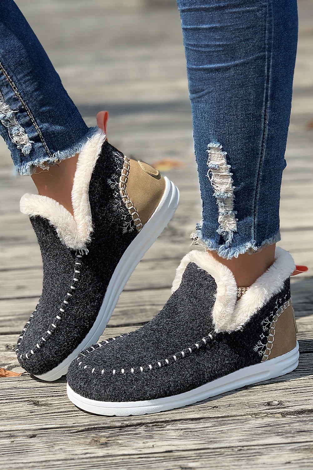 Beige Suede Stitching Patchwork Plush Lined Anklet Boots - eAura