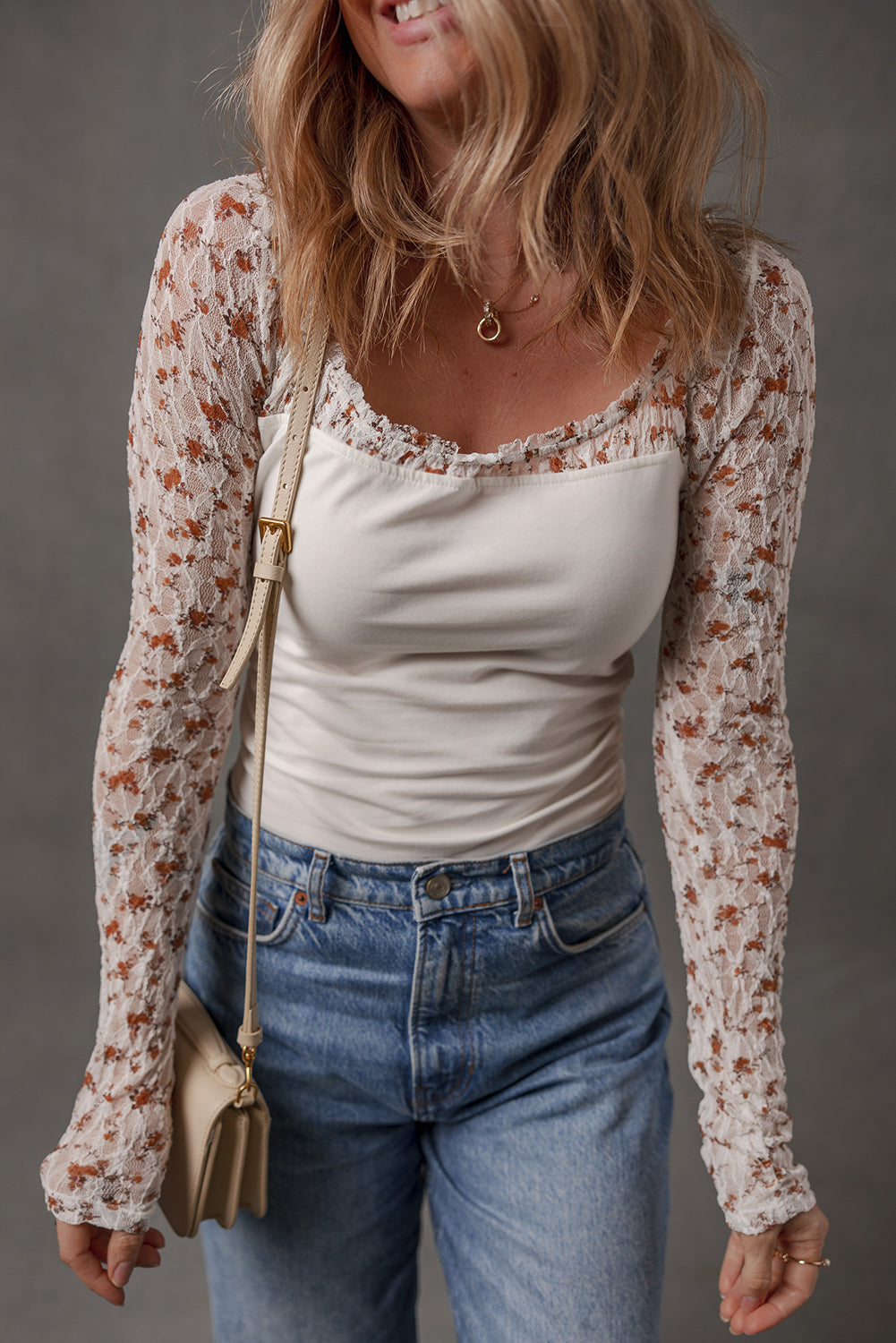 Floral Lace Patchwork Square Neck Long Sleeve Top - eAura