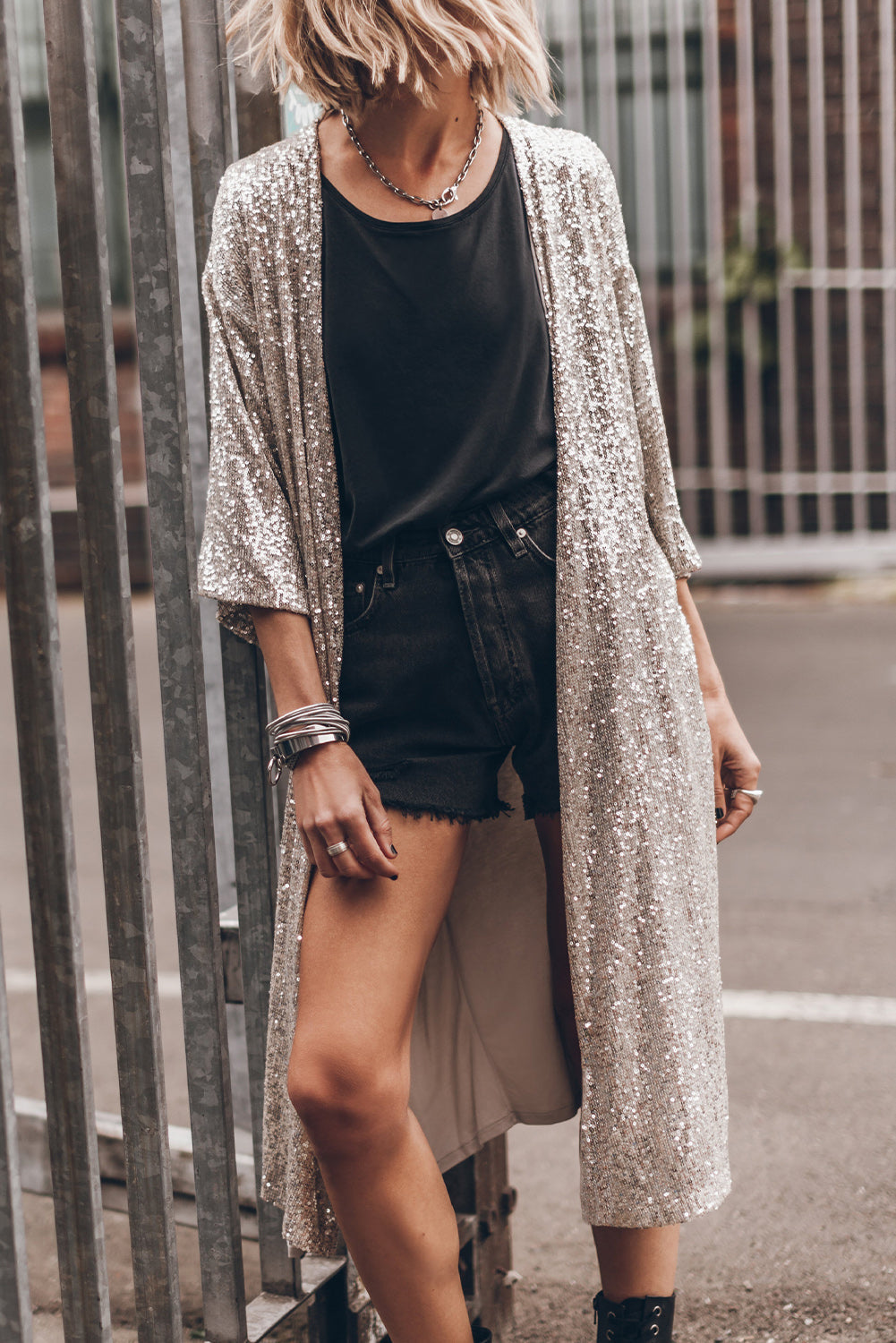 Black Sequin 3/4 Sleeve Open Front Duster Kimono eAura