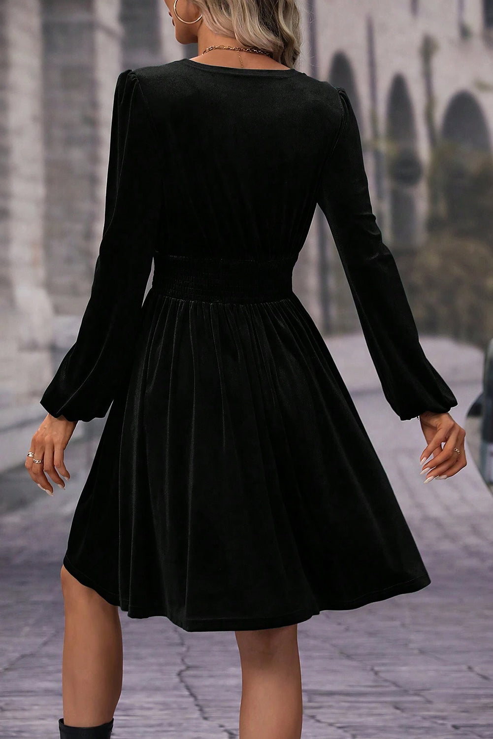 Black Velvet Long Sleeve Surplice High Waist Mini Dress eAura
