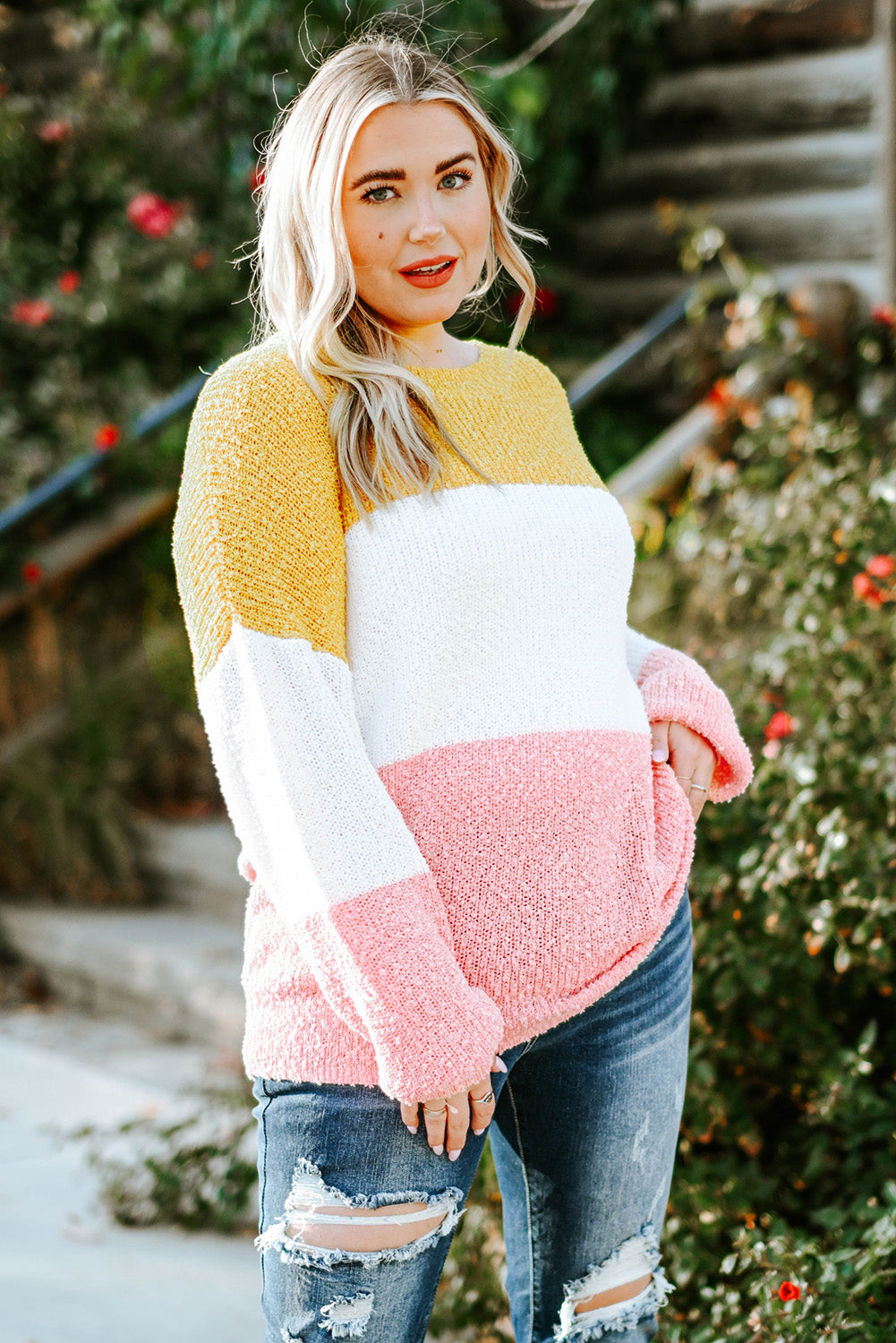 Yellow Colourblock Bubble Sleeve Plus Size Sweater BB Fashion Outlet