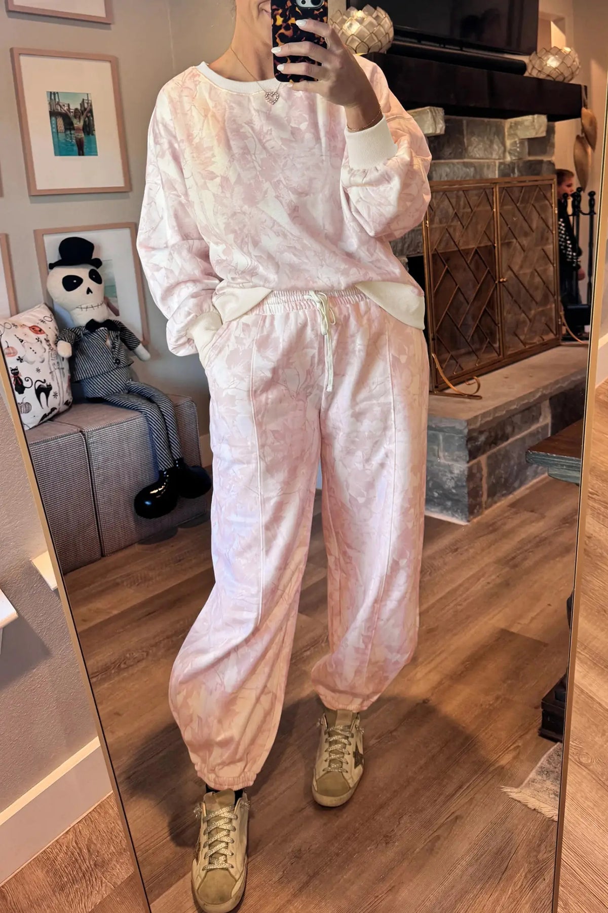 Abstract Print Drop Shoulder Drawstring Waist Drawstring Hem Pant Set – Pink