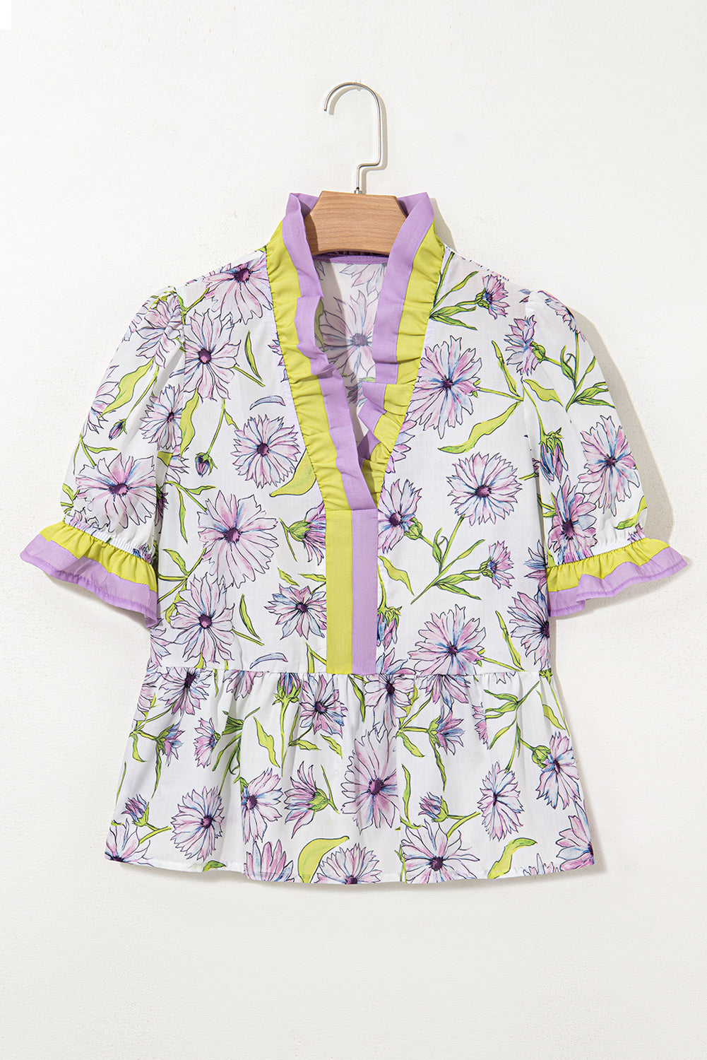 Purple Floral Print Striped Detail Split Neck Flounce Short Sleeve Peplum Blouse Dear-Lover Dropshipping