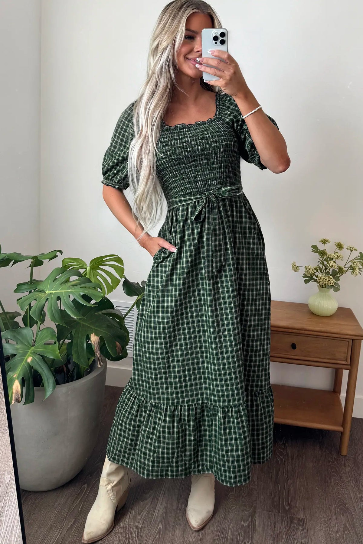 Plaid Square Neck Shirred High Waist Ruffle Hem Dress – Green