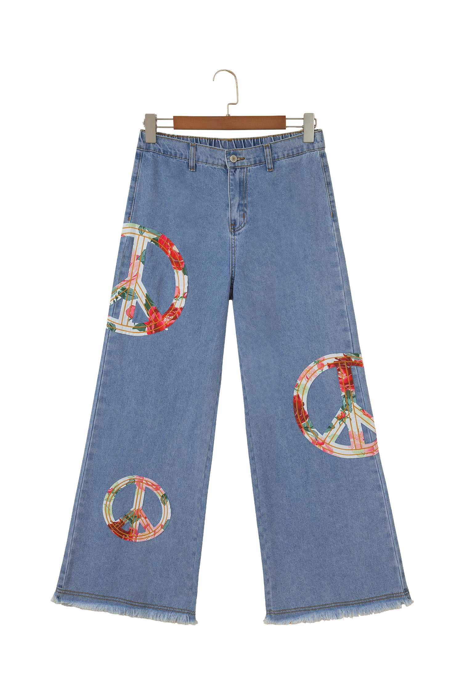 Floral Peace Sign Embroidered Patch Wide Leg Jeans