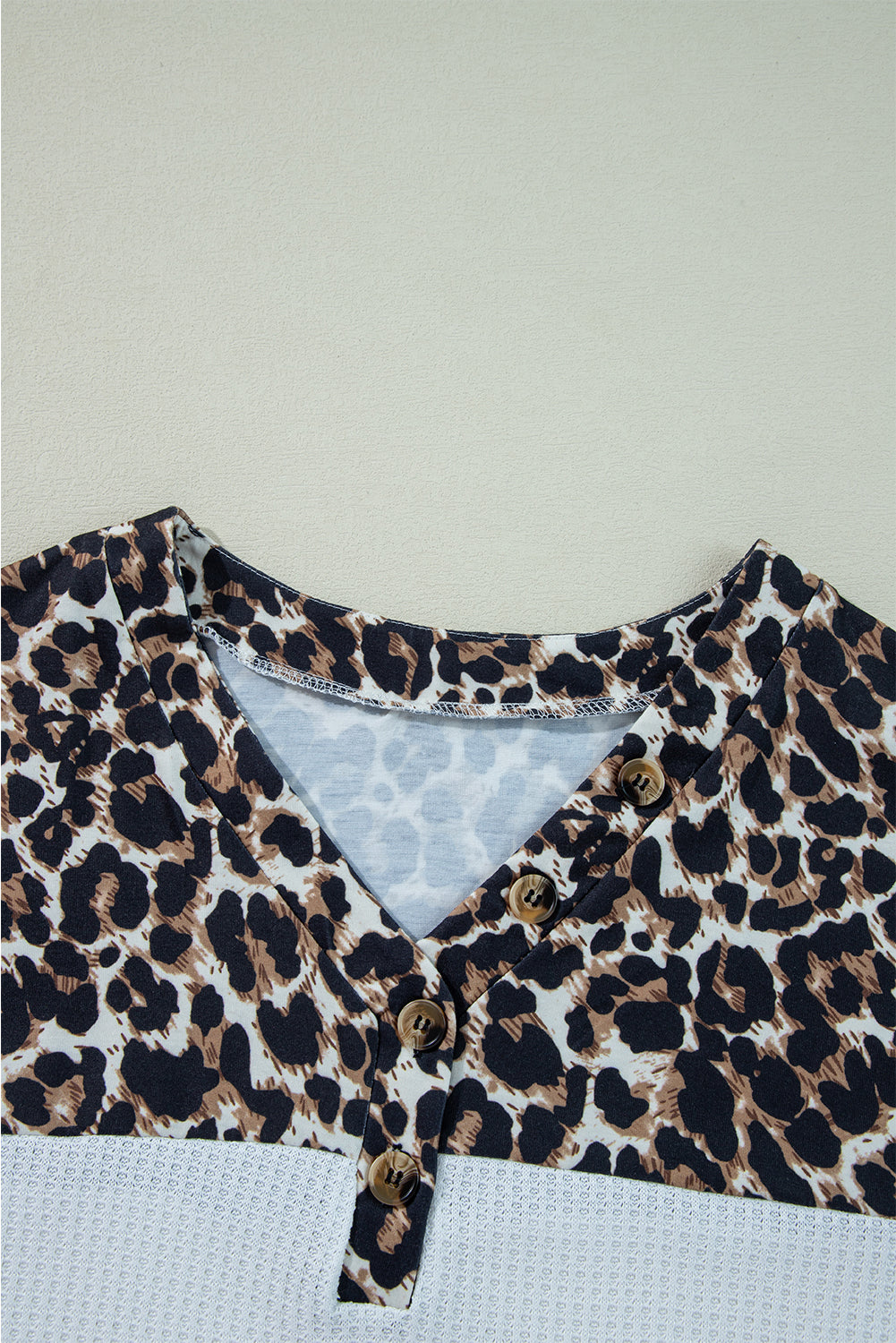 White Leopard Waffle Knit Patchwork Button V Neck Top - eAura