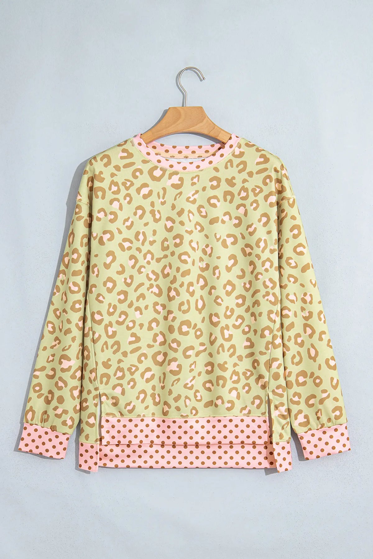 Leopard Polka Dot Colourblock Trim Long Sleeve Top – Khaki