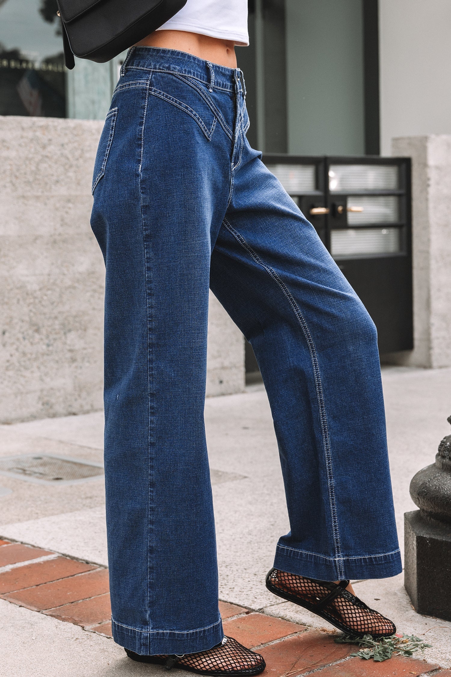Stitched Waist Detail Loose Cuffed Jeans - eAura