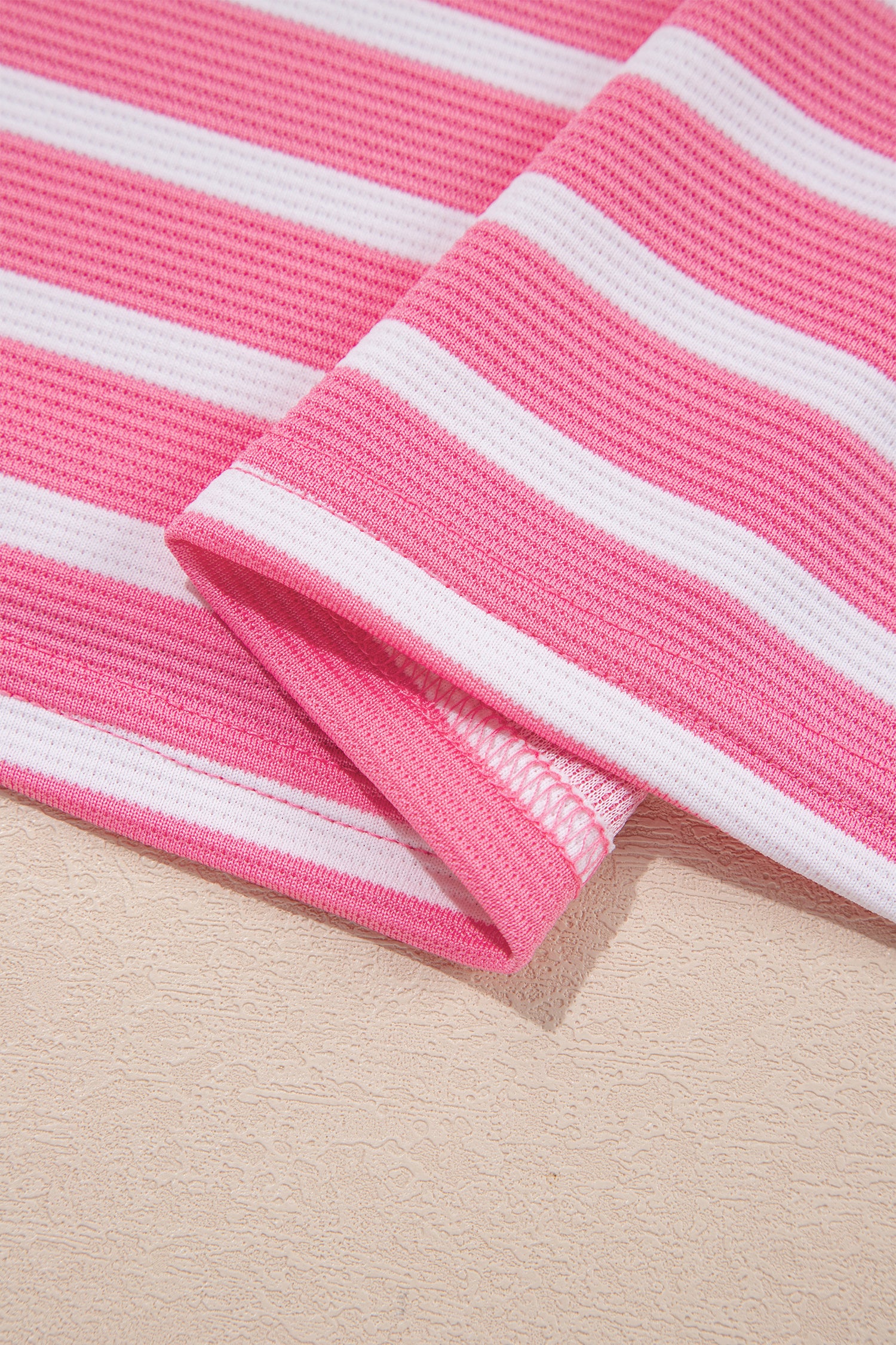 Short Puff Sleeve Color Block Polo Collar Blouse – Pink Stripe