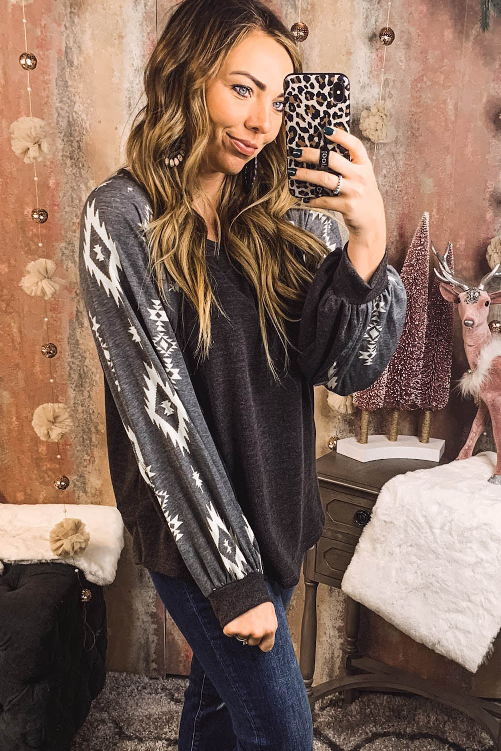 Black Western Print Patch Long Sleeve Top eAura