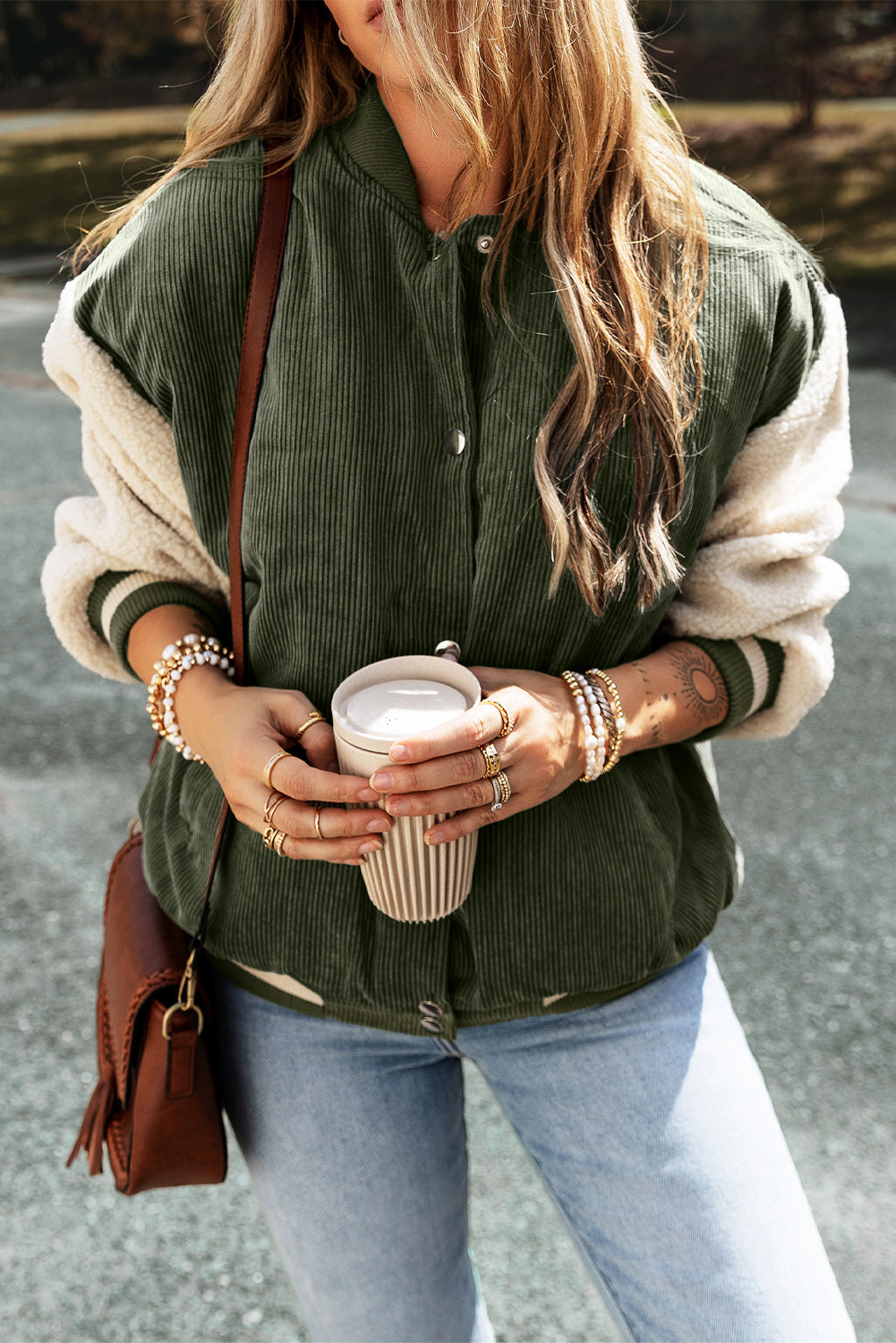 Mist Green Corduroy Fleece Patchwork Buttoned Bomber Jacket Beagle Boutique Fashion Outlet