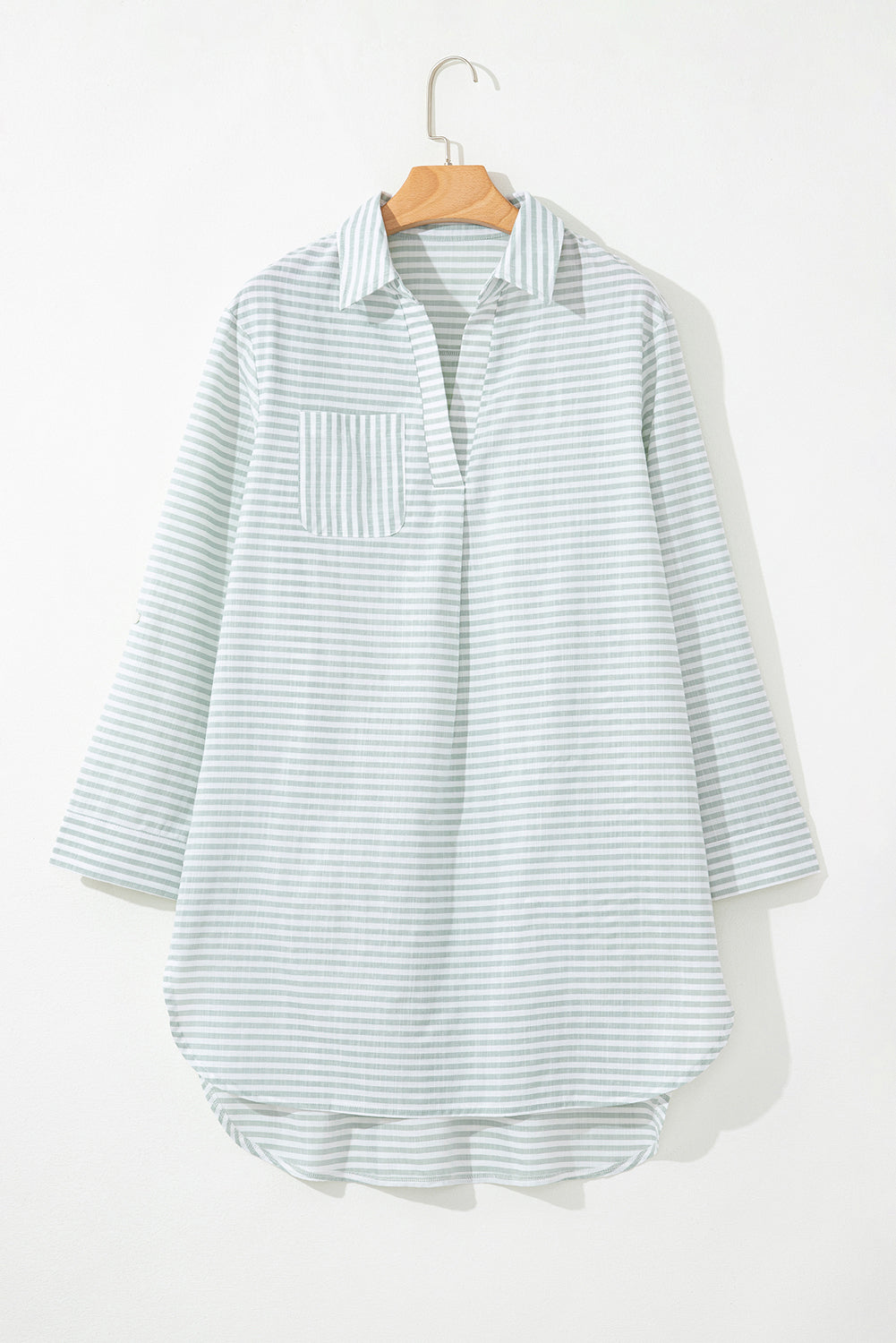 White Stripe Collared V Neck Chest Pocket Long Sleeve Beach Cover up eAura