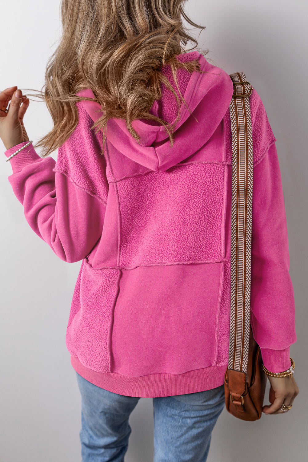 Pitaya Pink Mineral Wash Terry Patchwork Drawstring Hoodie eAura