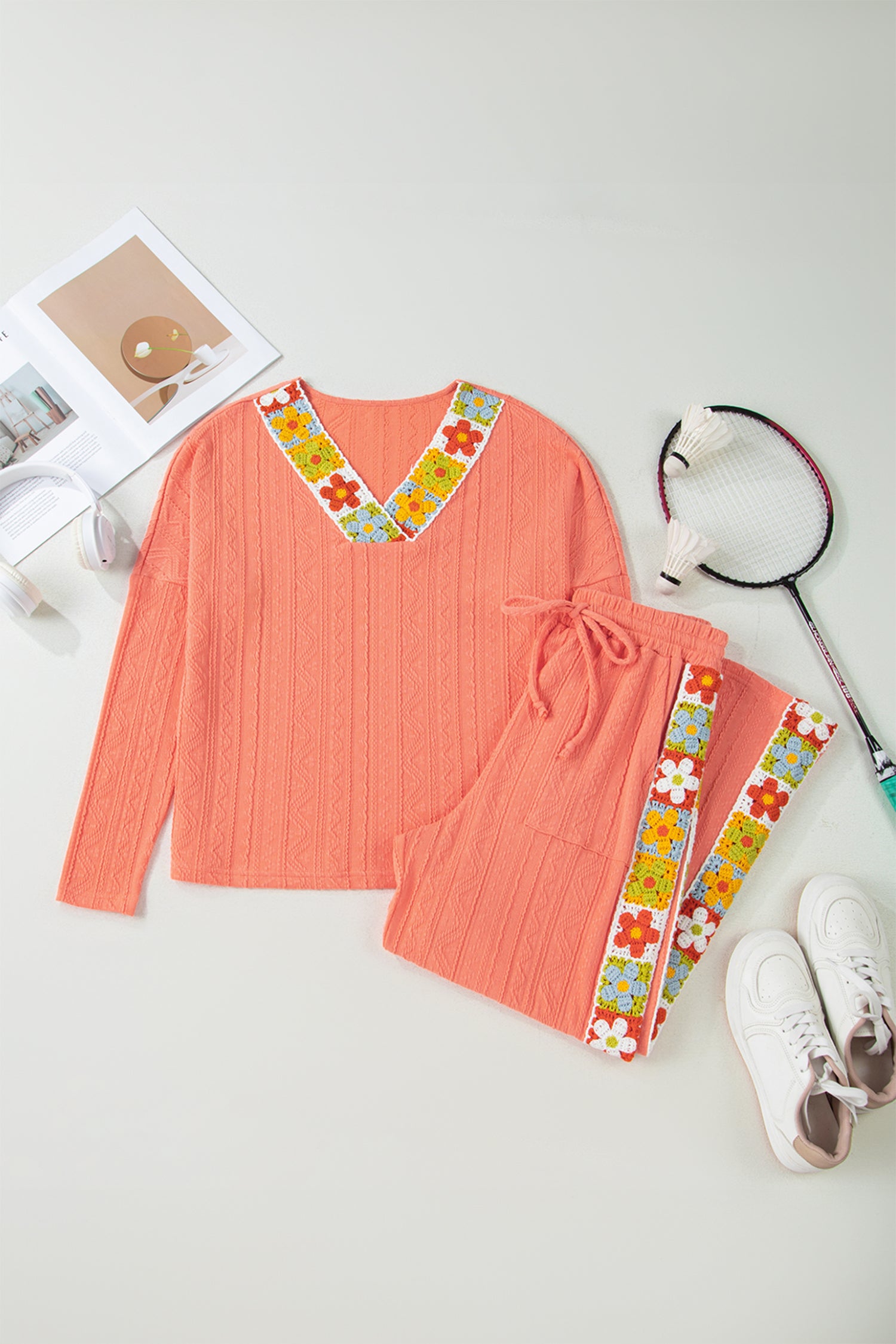 Orange Crochet Floral Accent V-Neck Textured Trouser Set - Two Piece Sets/Pant Sets