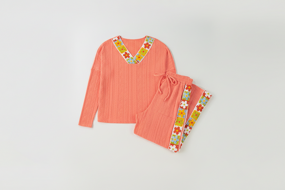 Orange Crochet Floral Accent V-Neck Textured Trouser Set - Two Piece Sets/Pant Sets