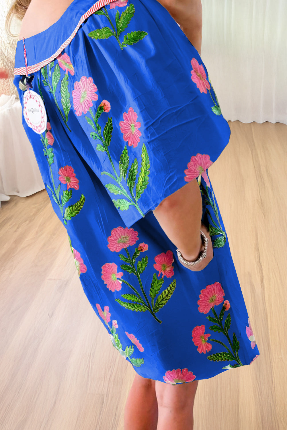 Blue Floral Short Sleeve Split Neck Loose Mini Dress eAura
