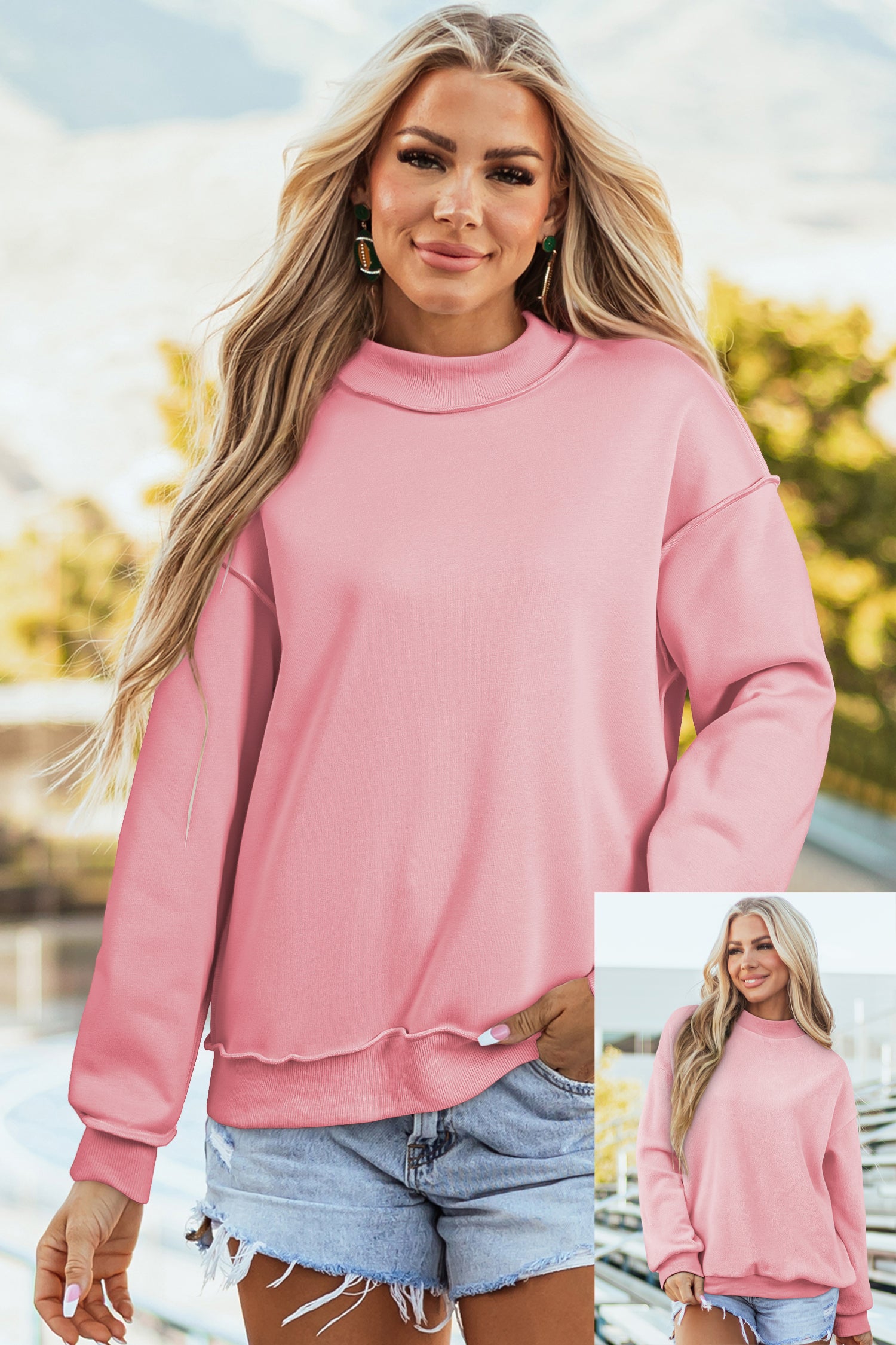 Black Oversize Drop Shoulder Reversible Mock Neck Sweatshirt