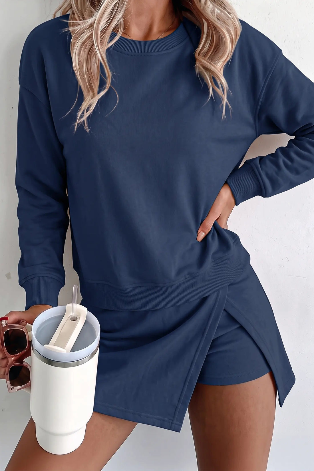 Solid Colour Long Sleeve Top Split Skort 2pcs Outfit – Dirty Blue