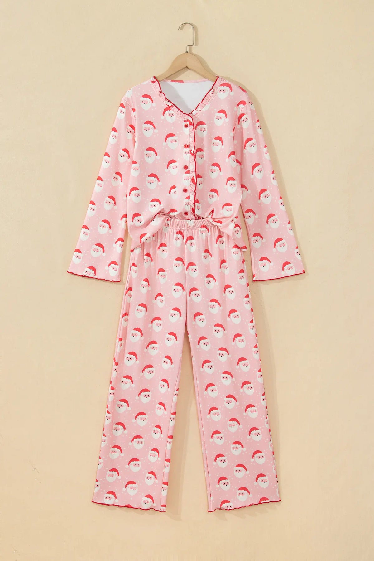 Lounge Set Santa Print Frilled Button Front Top and Pants