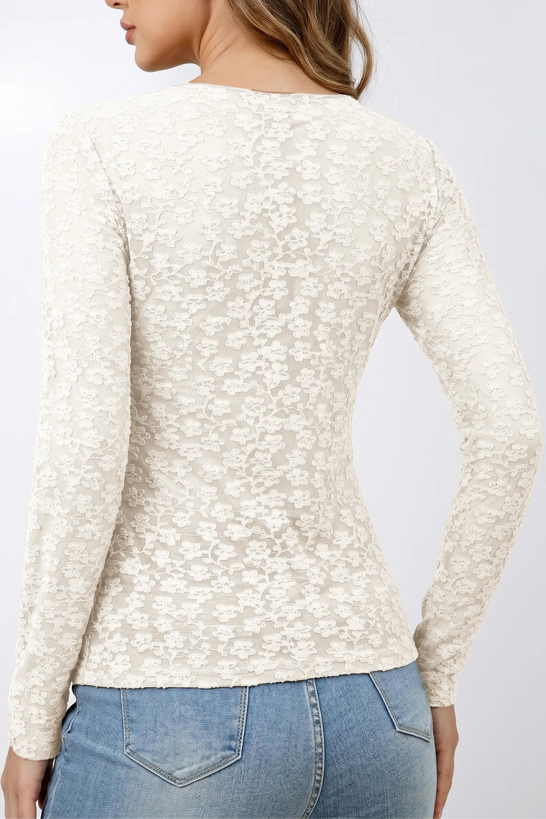Long Sleeve Top Floral Textured Sheath with Round Neck