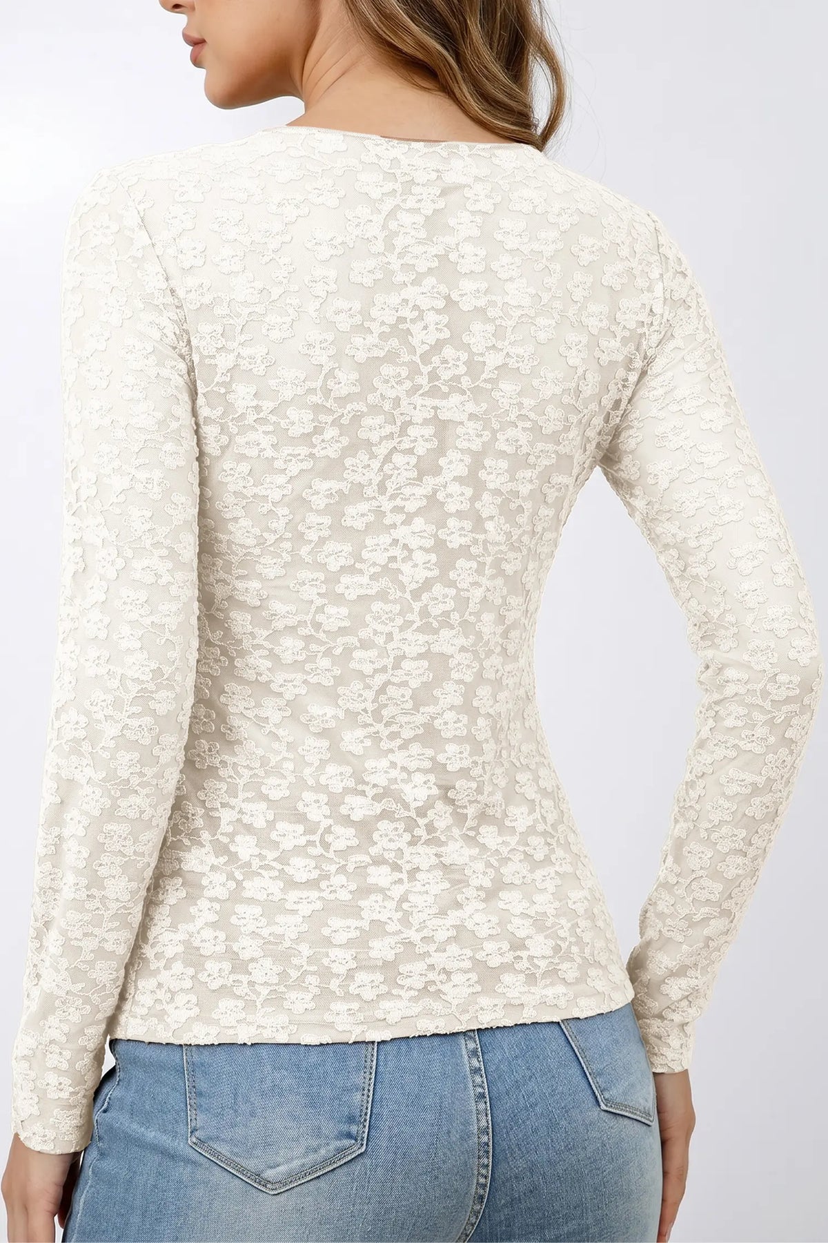 Long Sleeve Top Floral Textured Sheath with Round Neck