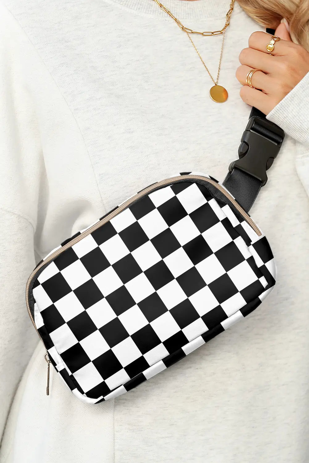 Checkered Print Buckle Wide Belt Crossbody Bag – White