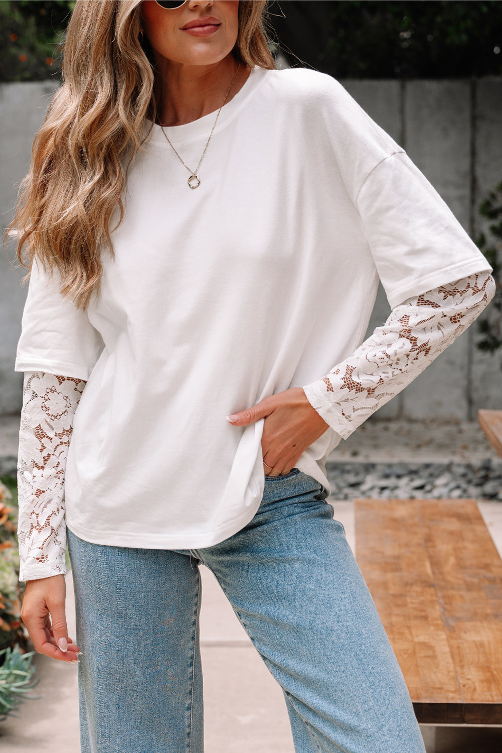 White Lace Long Sleeve Insert Drop Shoulder Tee eAura