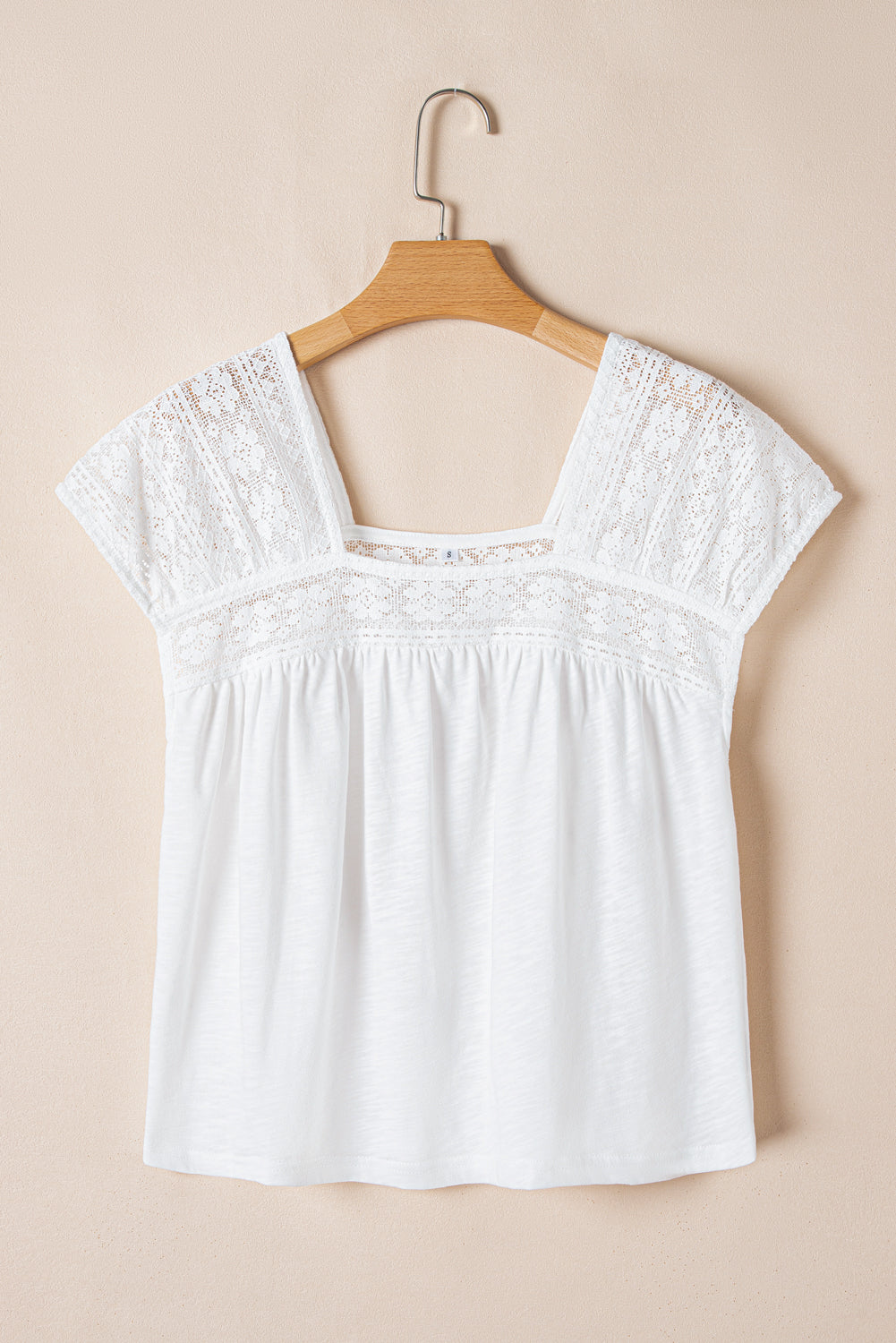 White Hollowed Lace Patchwork Square Neck Short Sleeve Blouse eAura