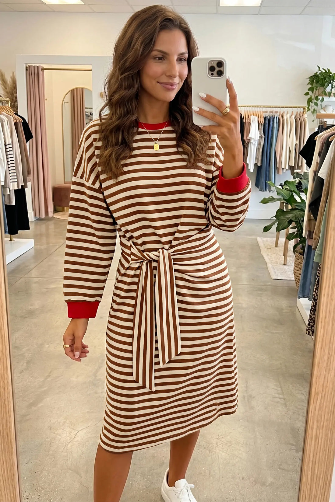 Striped Colourblock Cuffs Round Neck Long Sleeve Shift Dress – Brown Stripe
